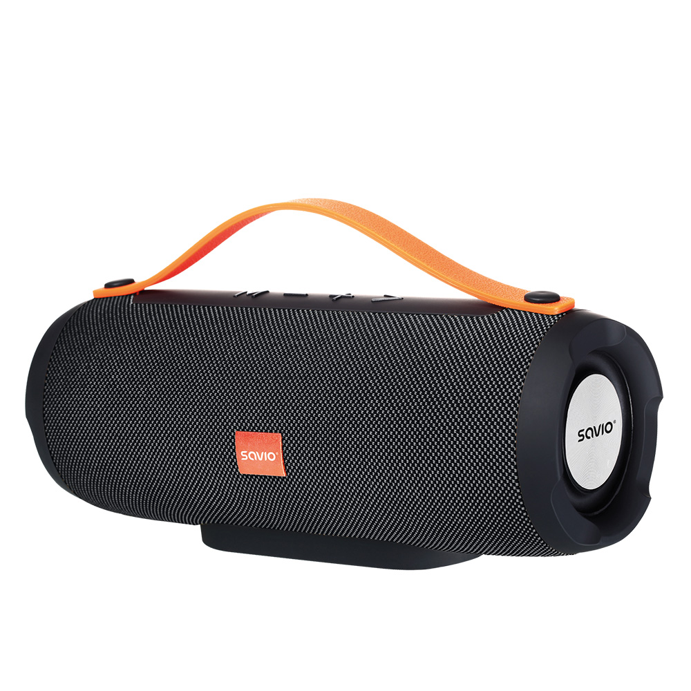 Czarny głośnik przenośny z pomarańczowym uchwytem i logo Savio.