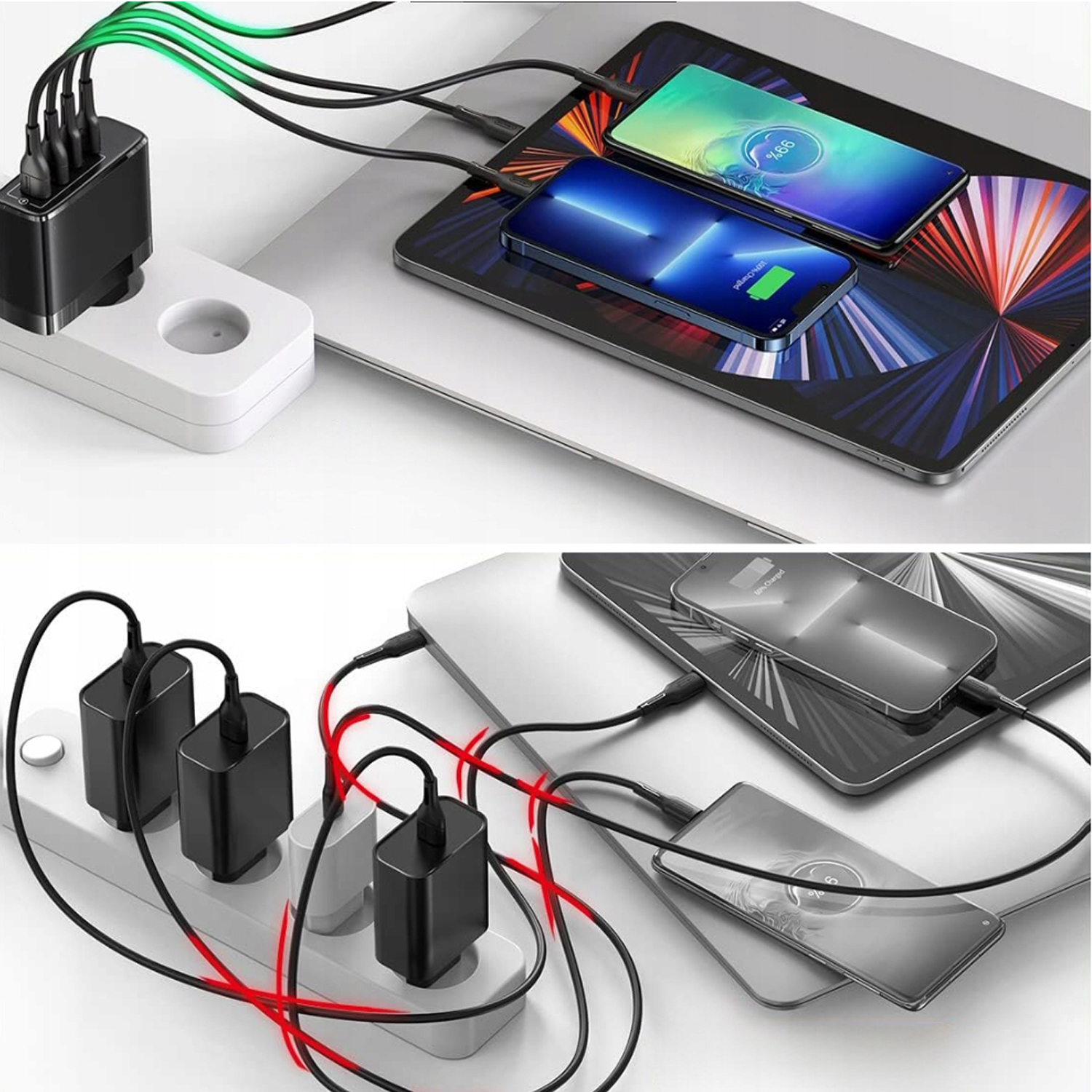 Varios teléfonos y una tableta se cargan a través de adaptadores USB en una regleta.