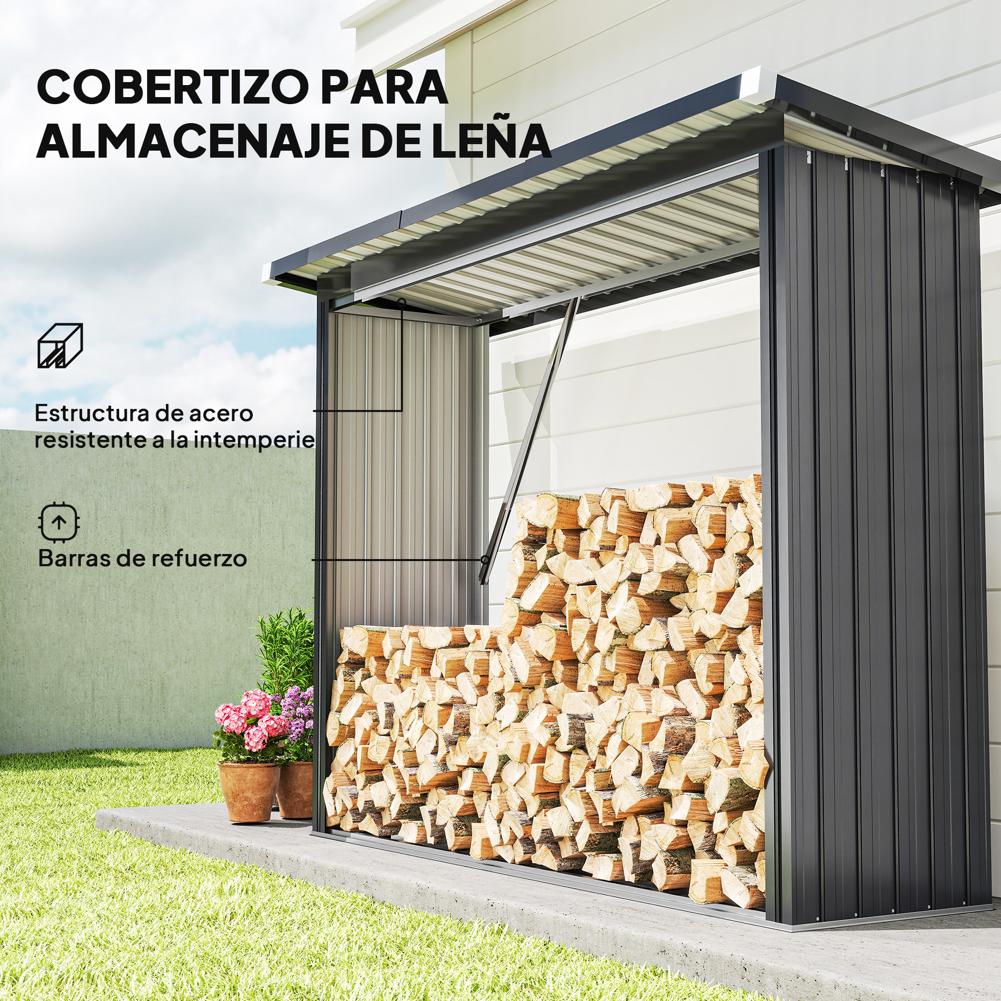 Un cobertizo de metal para leña junto a una casa, con plantas.
