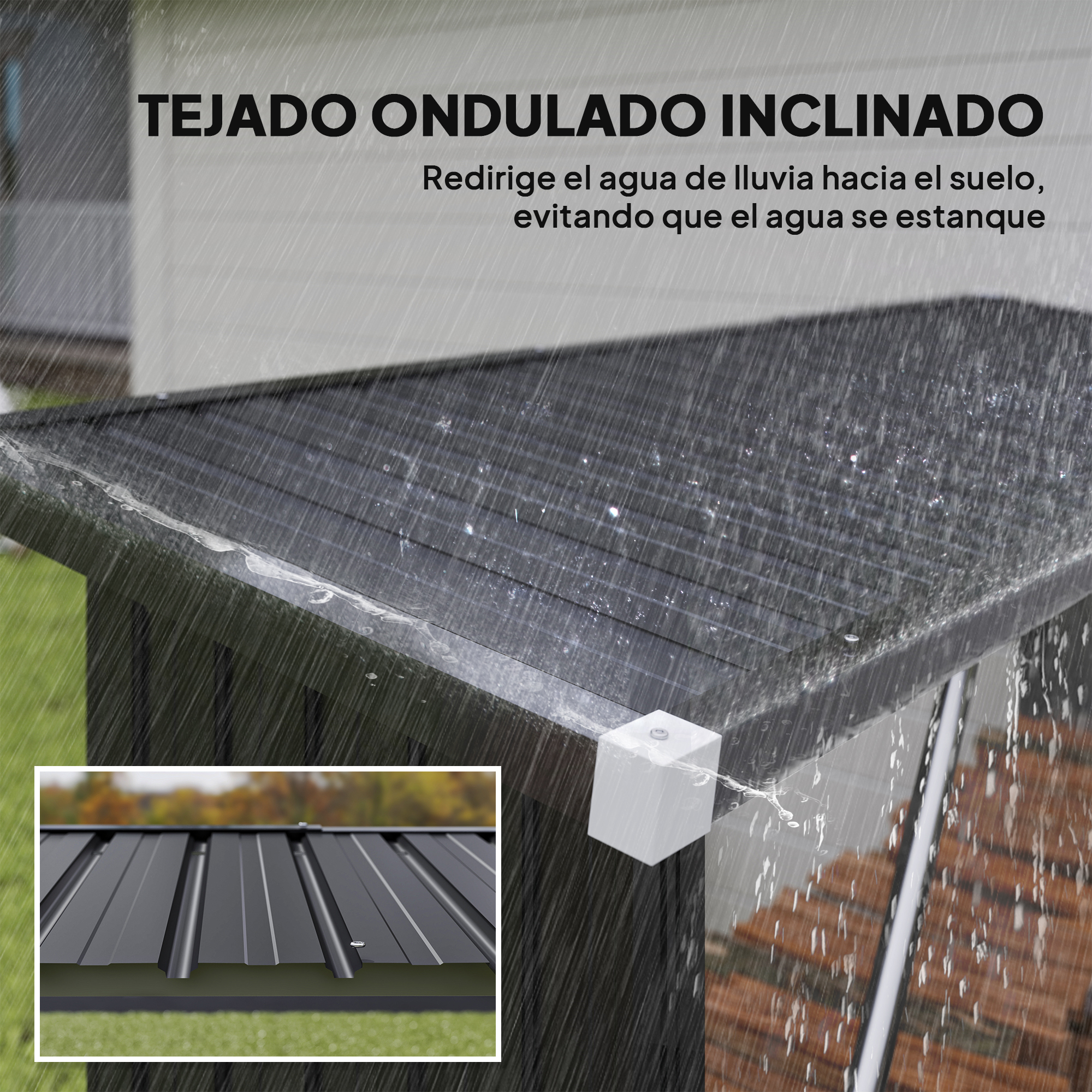 Un tejado inclinado y ondulado dirige el agua de lluvia. Vista cercana.