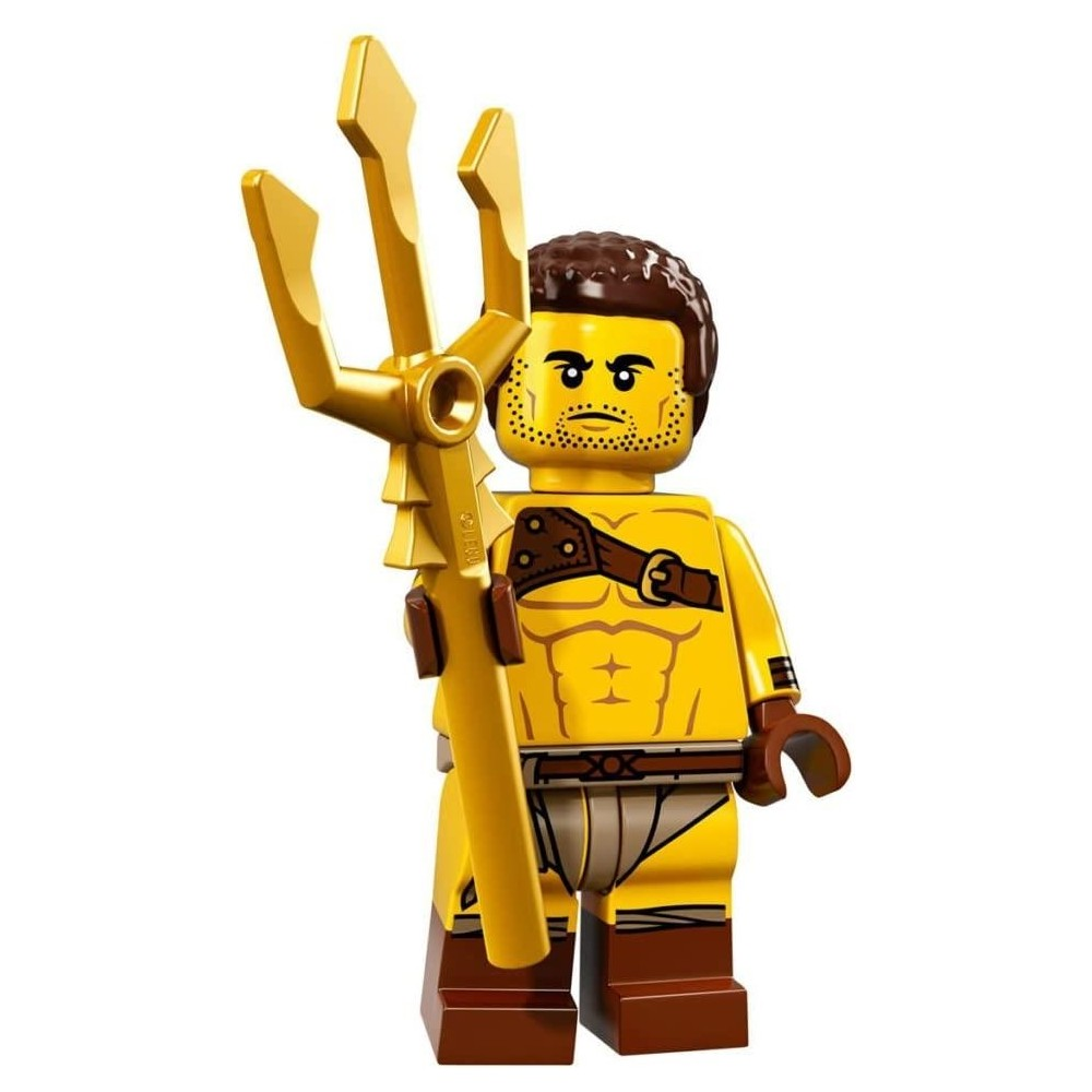 Sarı Lego gladyatör altın üçlüsü, kahverengi saç ve zırhlı.