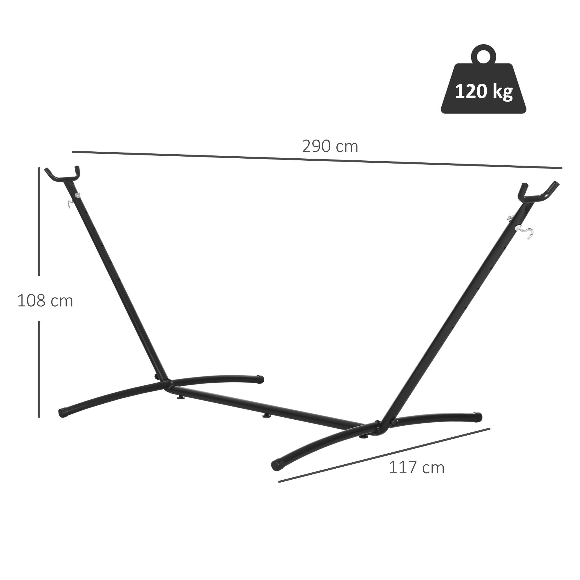 Un soporte de hamaca negro con dimensiones: 290 cm de largo, 108 cm de alto, 120 kg de capacidad.