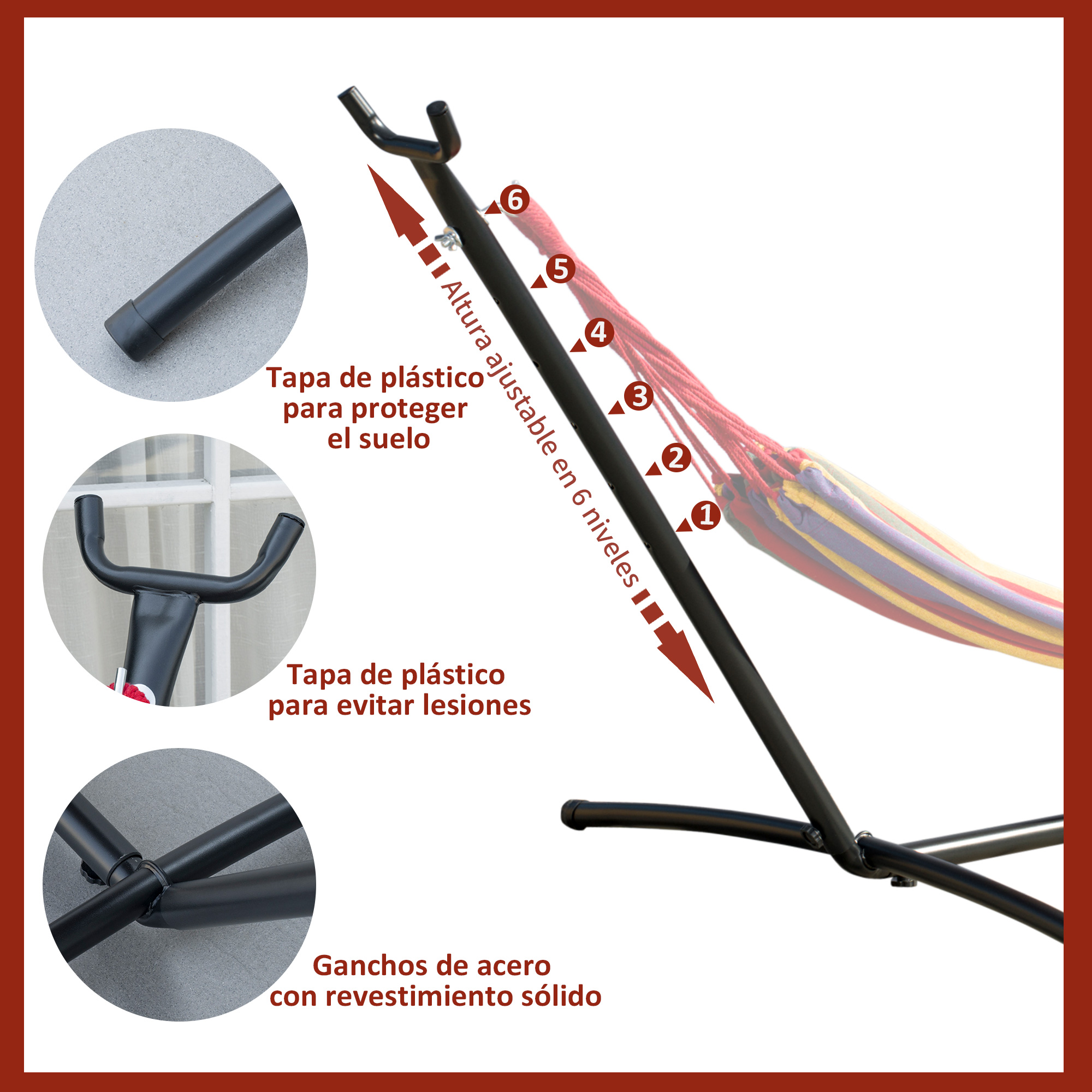Soporte de hamaca con altura ajustable. Muestra tapas de plástico y ganchos.
