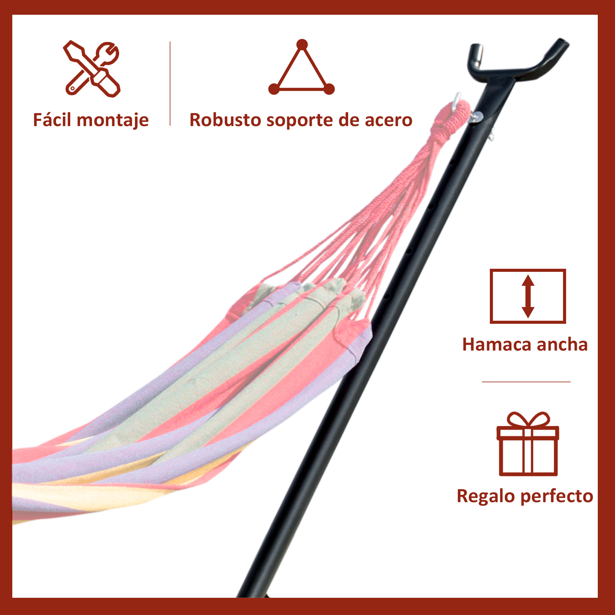 Hamaca colorida con estructura de acero negro, fácil montaje, amplia superficie.