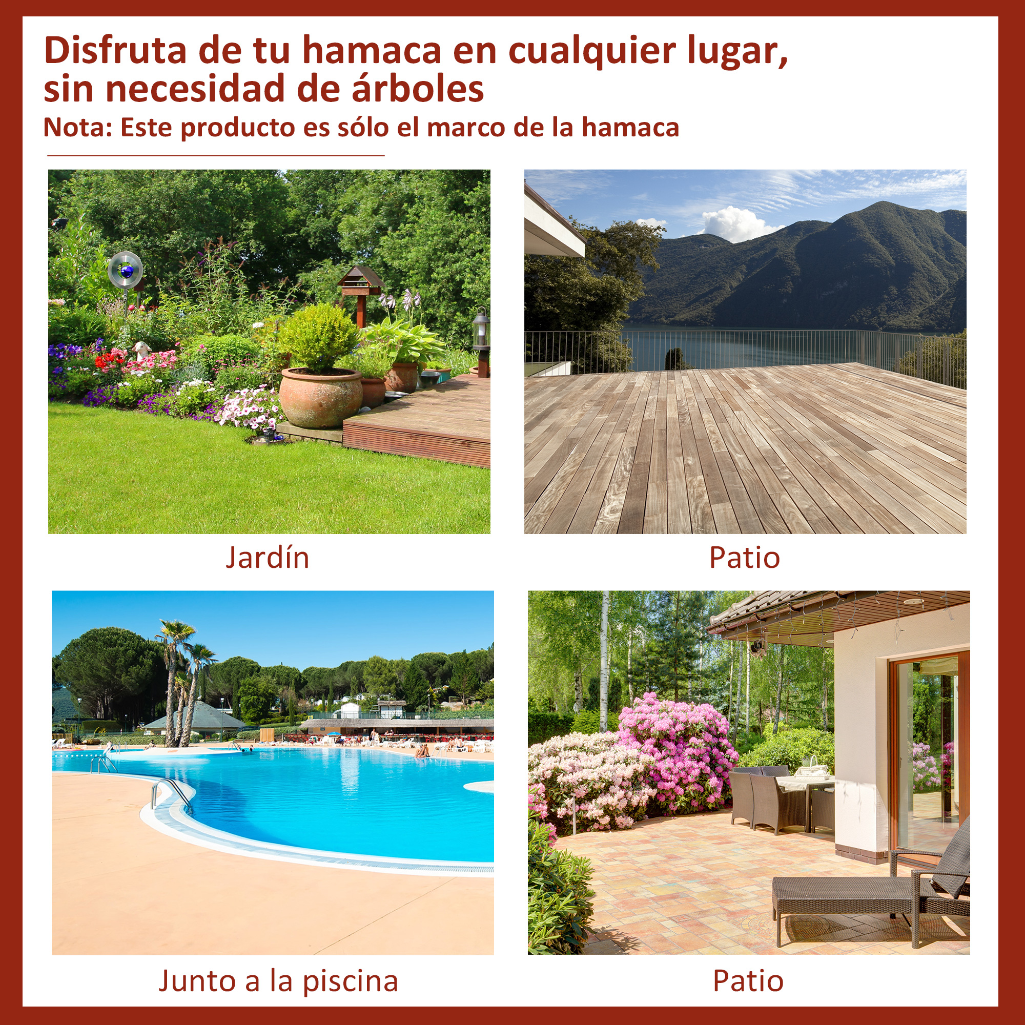 Jardín con flores y árboles, terraza de madera junto a lago, piscina y patio amueblado.