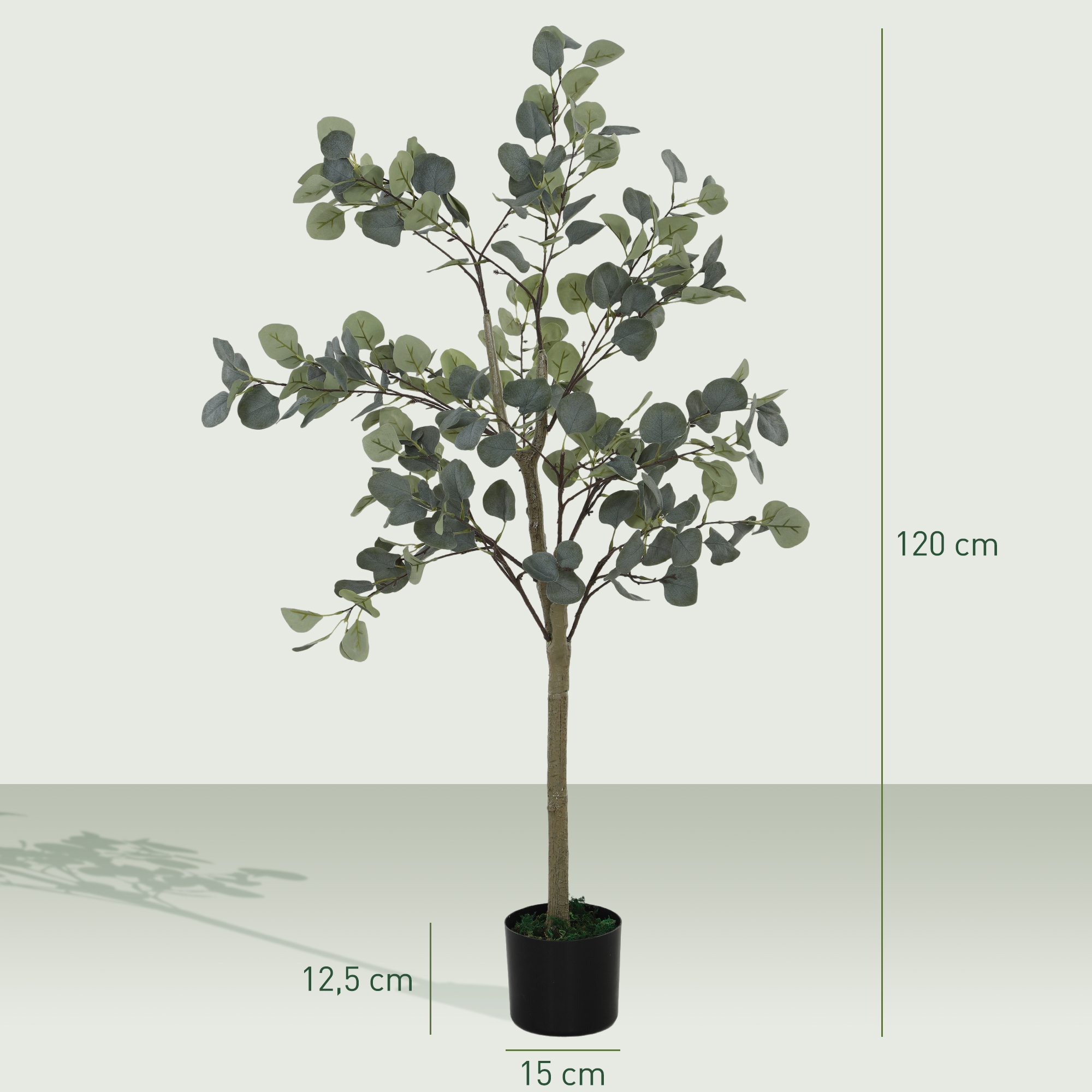 Un árbol artificial de eucalipto de 120 cm en una maceta negra.