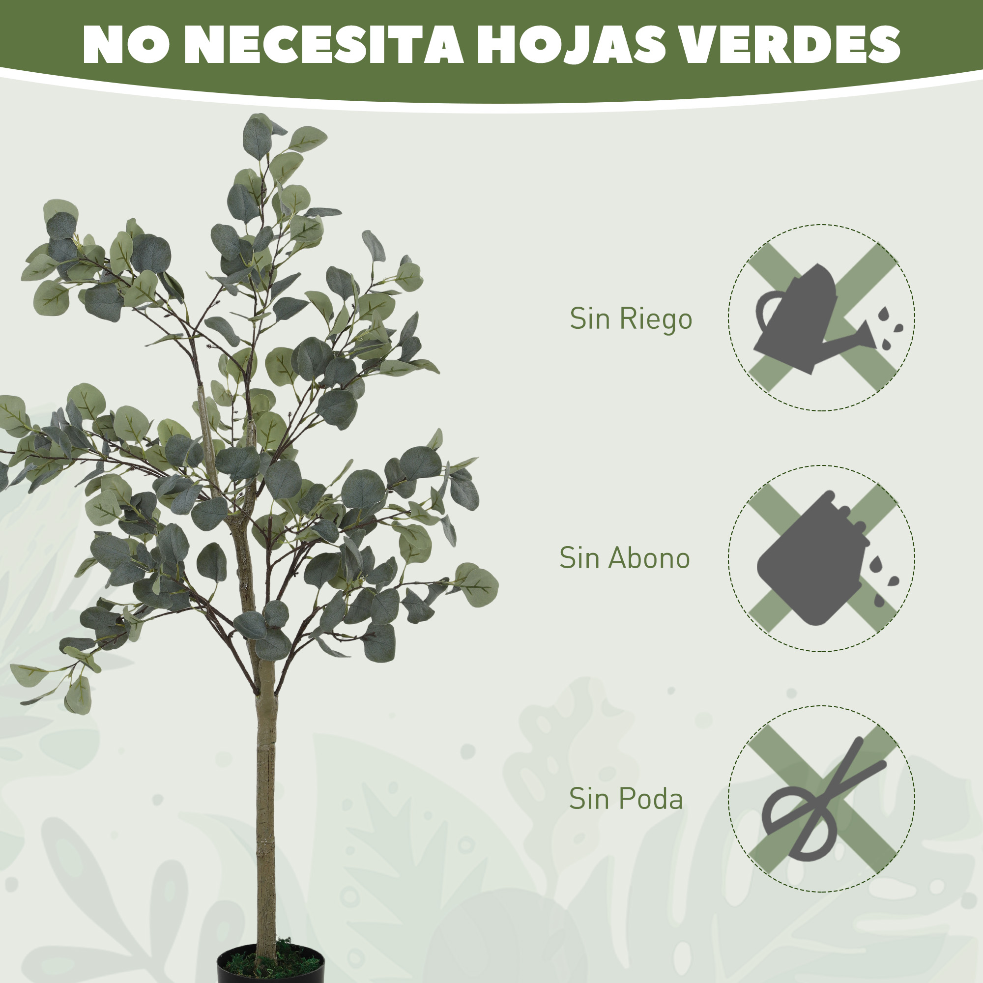 Un árbol de eucalipto artificial con tronco gris-marrón y hojas verdes.
