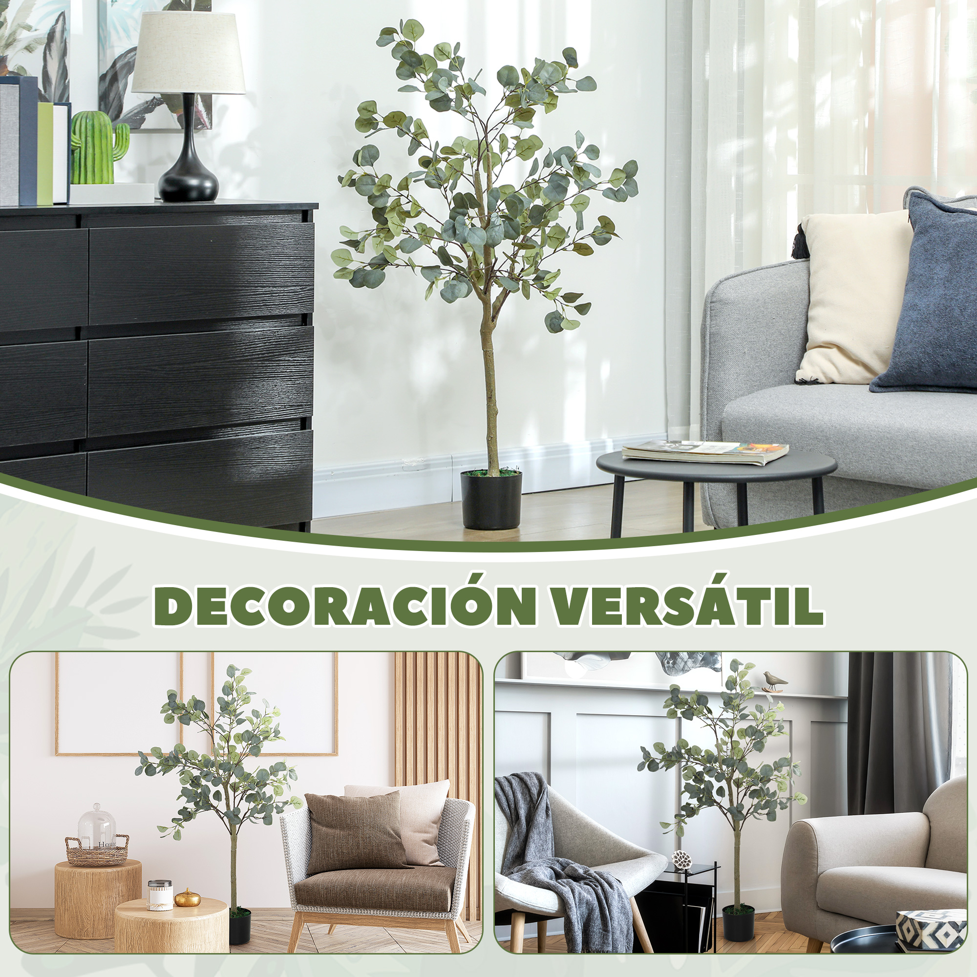 Un árbol artificial con hojas verdes se encuentra en una sala.
