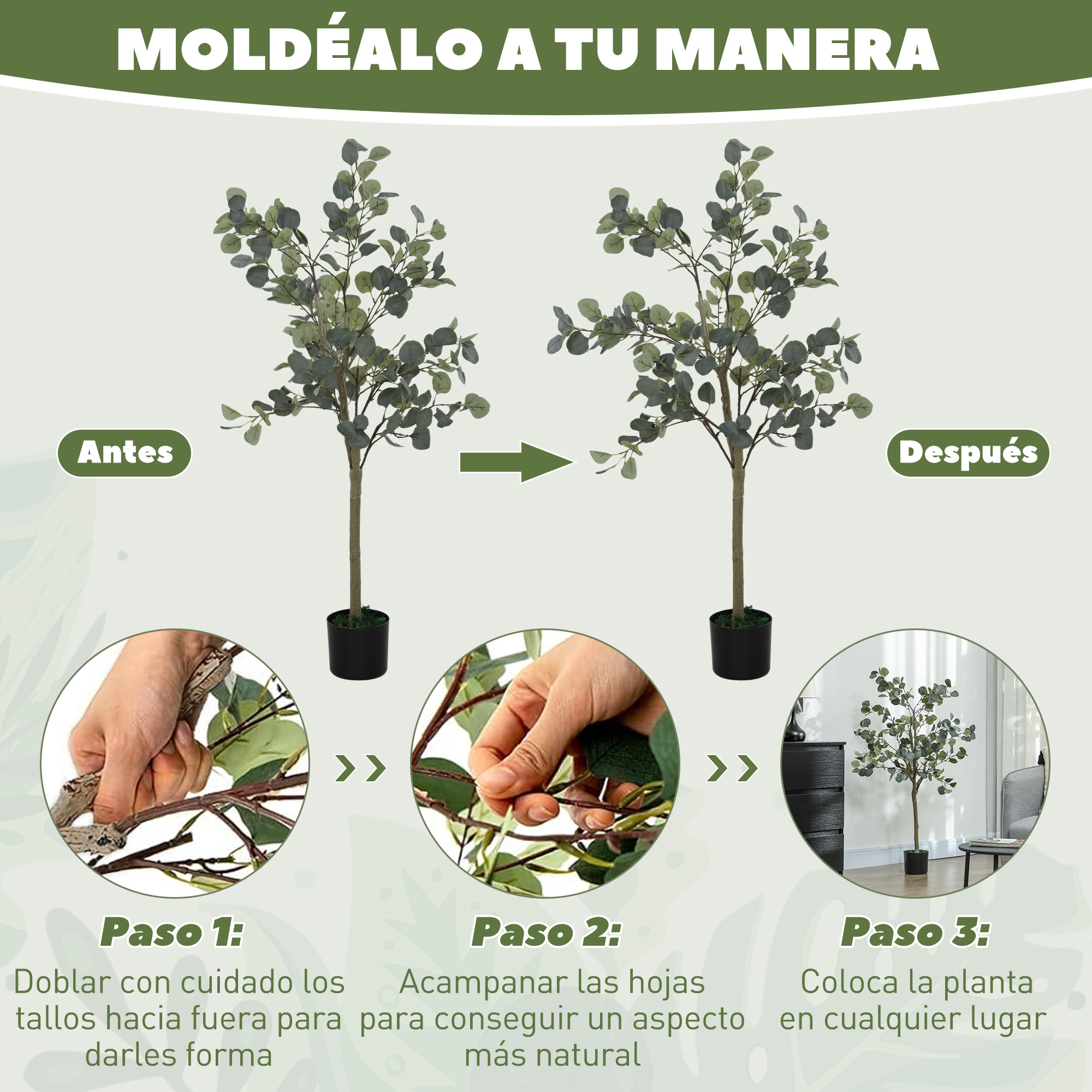 Guía paso a paso para dar forma a una planta artificial, con primer plano de manos.