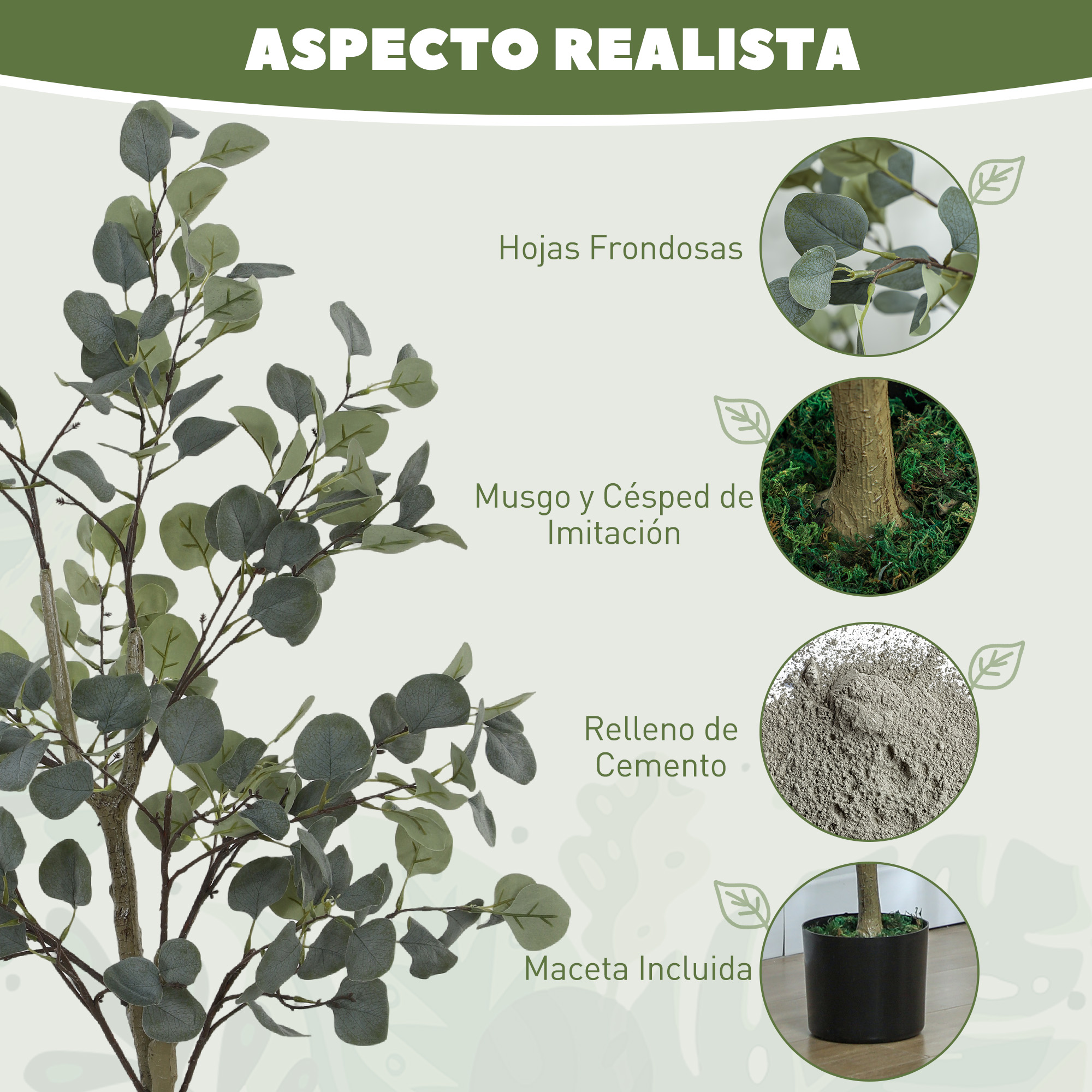 Un árbol de eucalipto artificial realista con hojas exuberantes y una maceta negra.