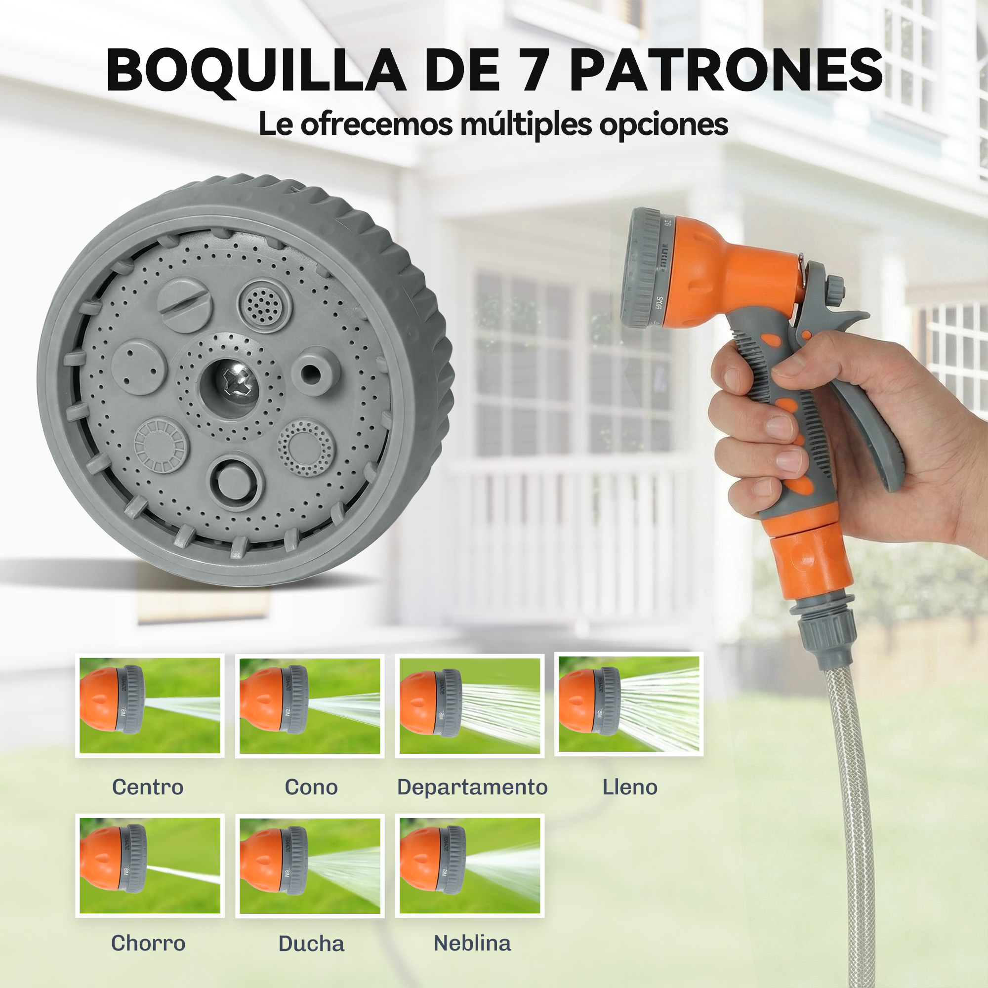 Una mano sostiene una boquilla rociadora naranja y gris con una manguera flexible.
