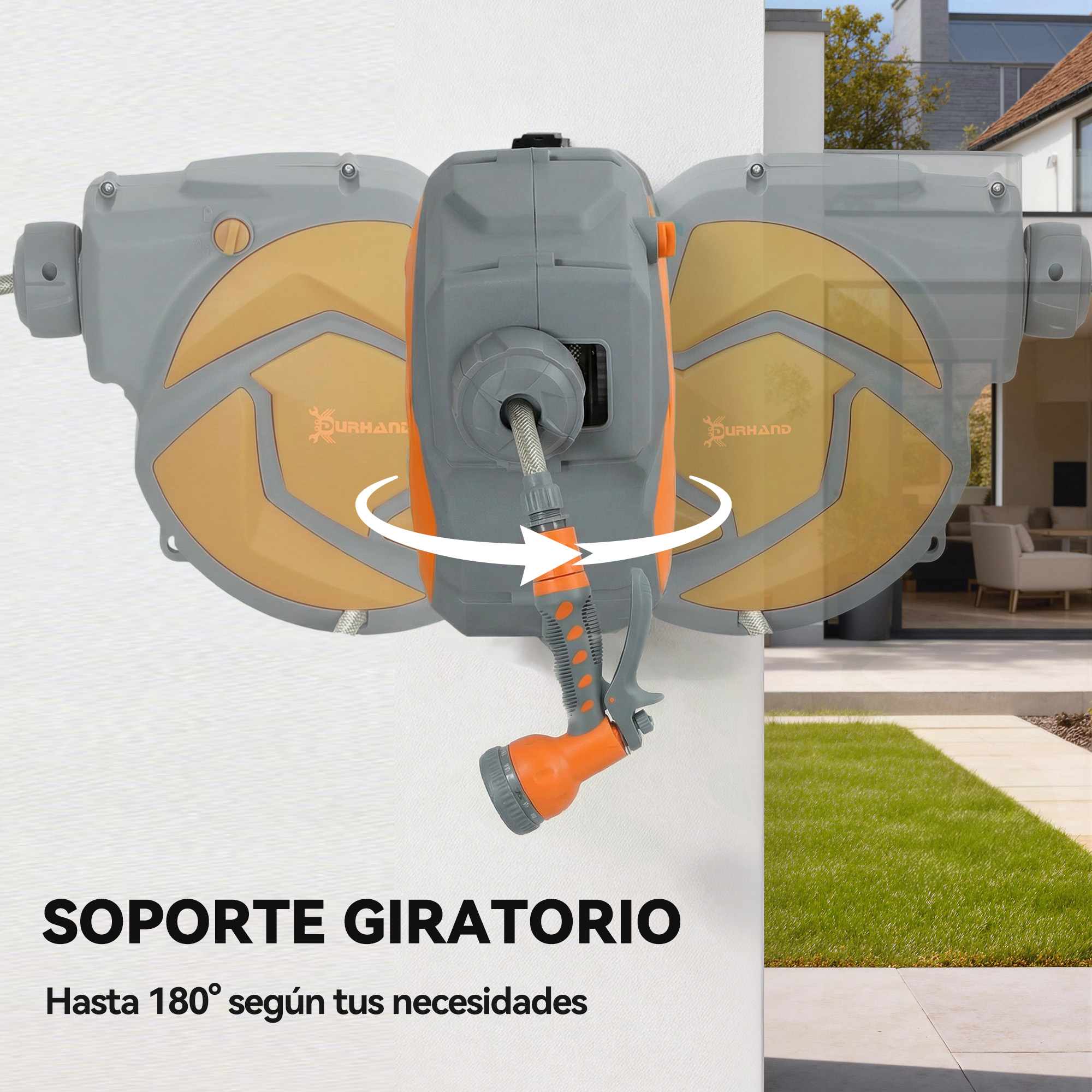 Enrollador de manguera gris y naranja montado en pared, con boquilla de riego.