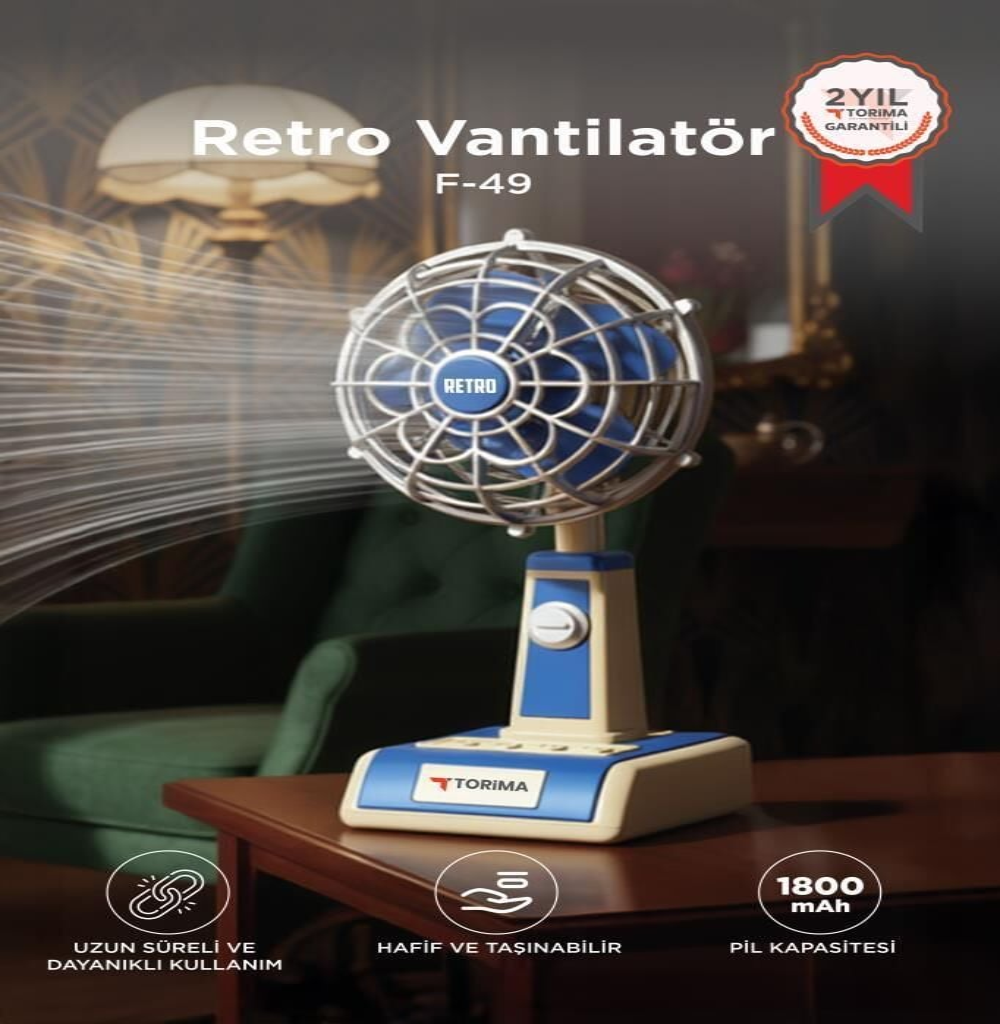 Retro mavi ve krem rengi masa vantilatörü, 