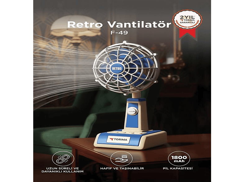 TORIMA Retro Tasarımlı Masaüstü Mini USB Şarjlı Fan F49 Vantilatör Mavi