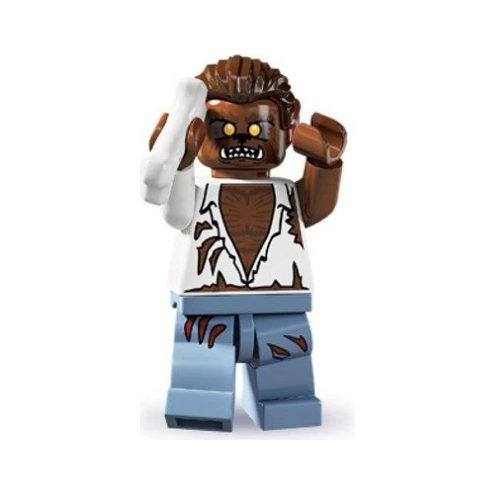 Beyaz gömlekli, mavi pantolonlu, elinde kemik tutan Lego kurt adam figürü.