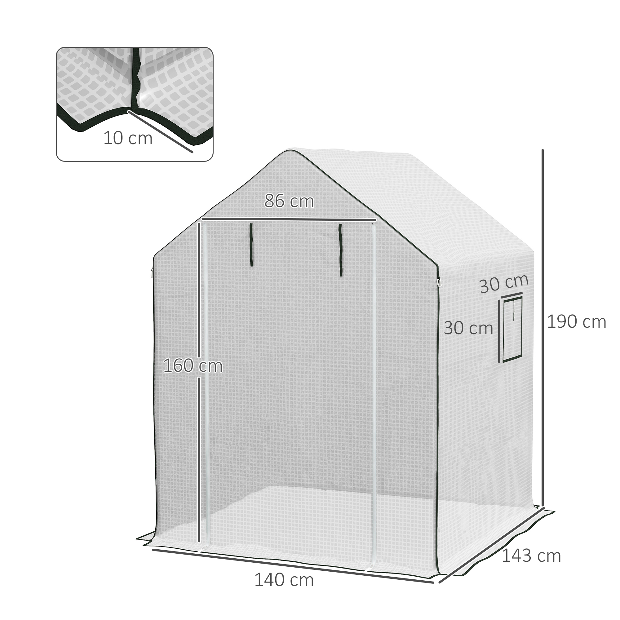 Un invernadero blanco con dimensiones y una puerta.