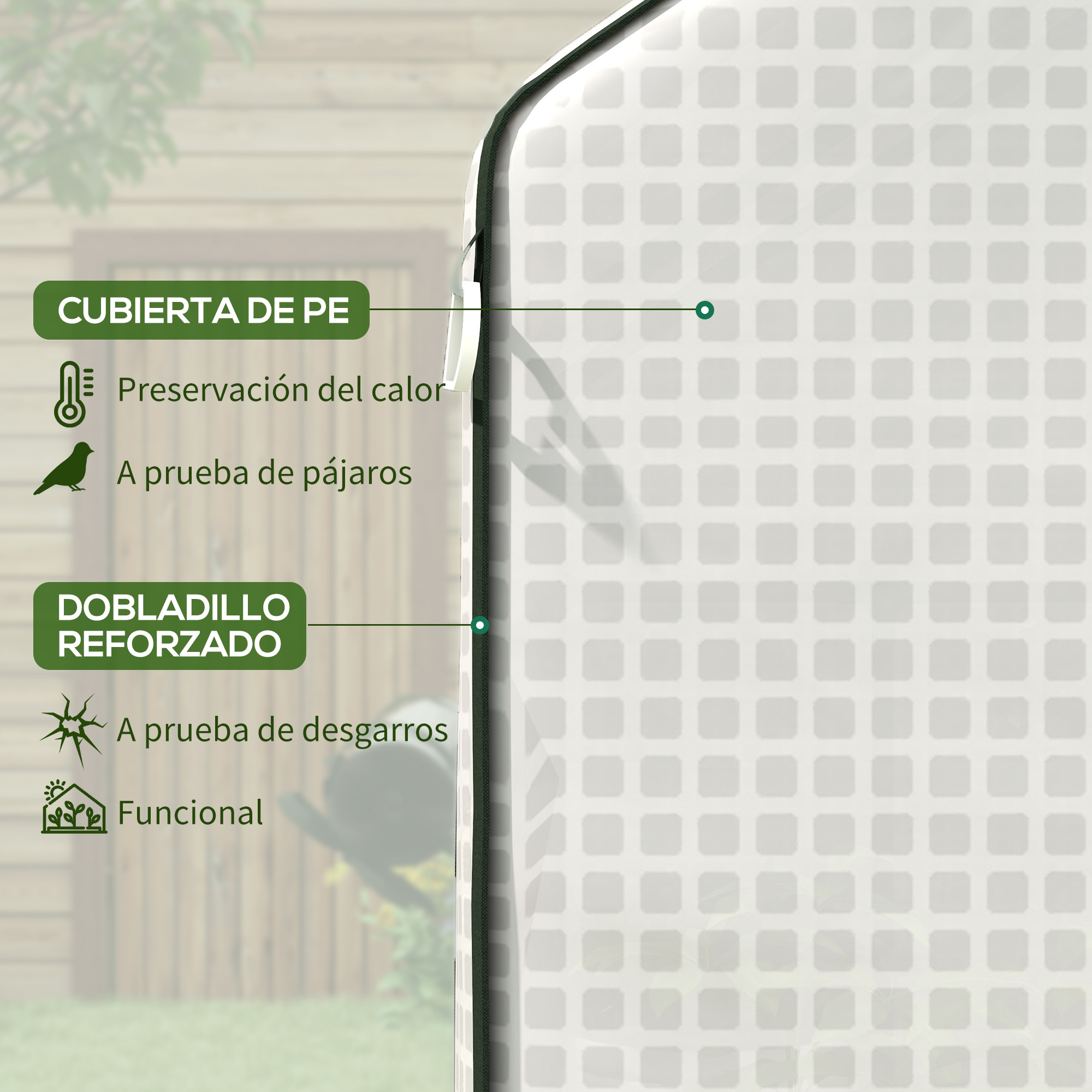 Cubierta de PE: preservación del calor, a prueba de pájaros. Dobladillo reforzado: a prueba de desgarros, funcional.