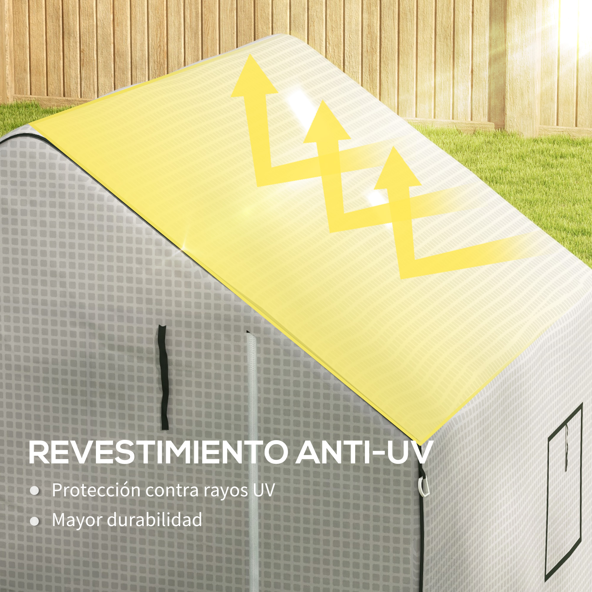 Tienda gris con cubierta protectora UV amarilla y flechas, frente a valla de madera y césped.
