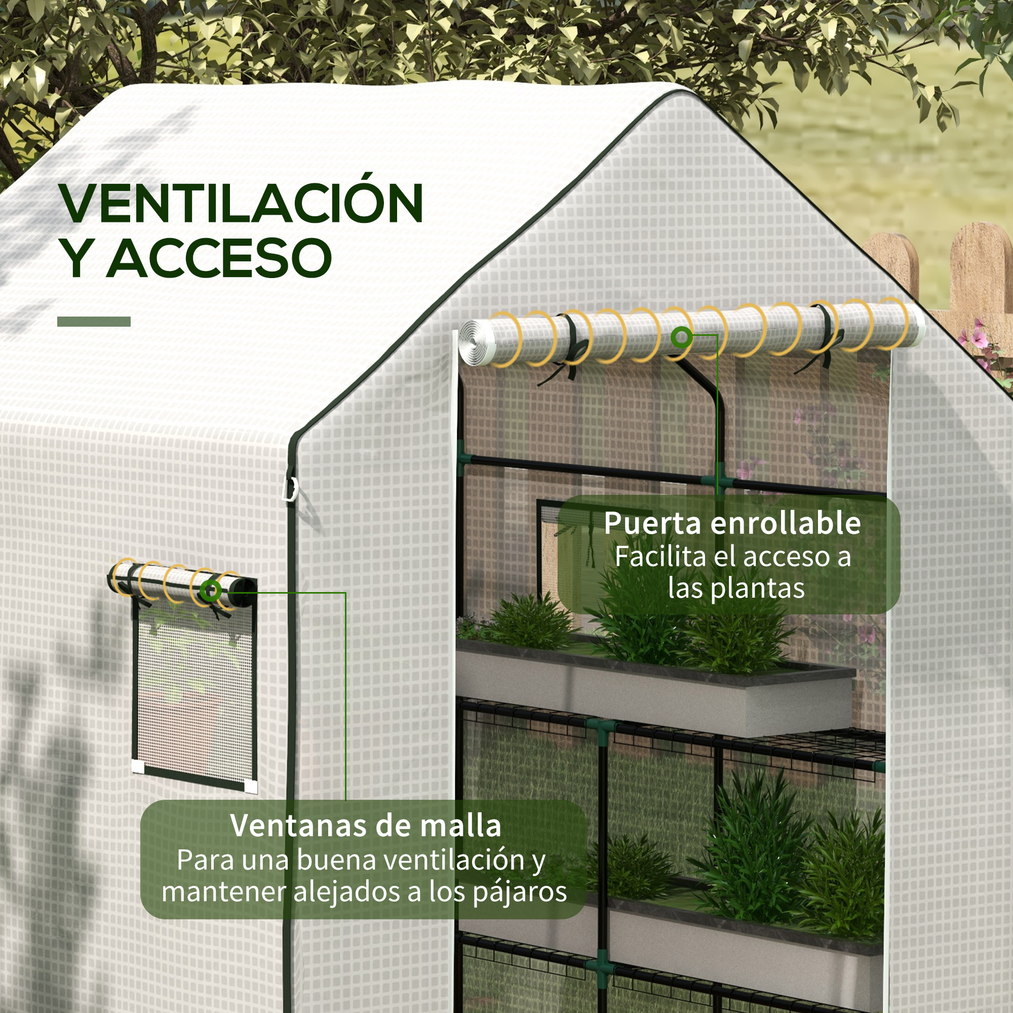 Un invernadero con ventanas de malla y puerta enrollable.