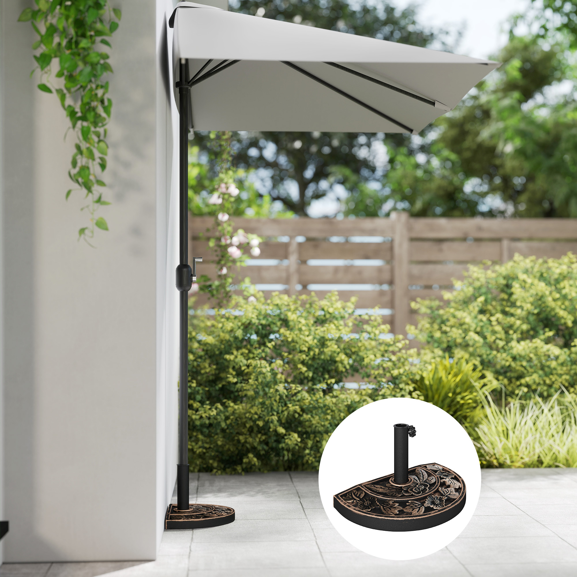 Un parasol gris para patio está montado en una pared con una base decorativa.