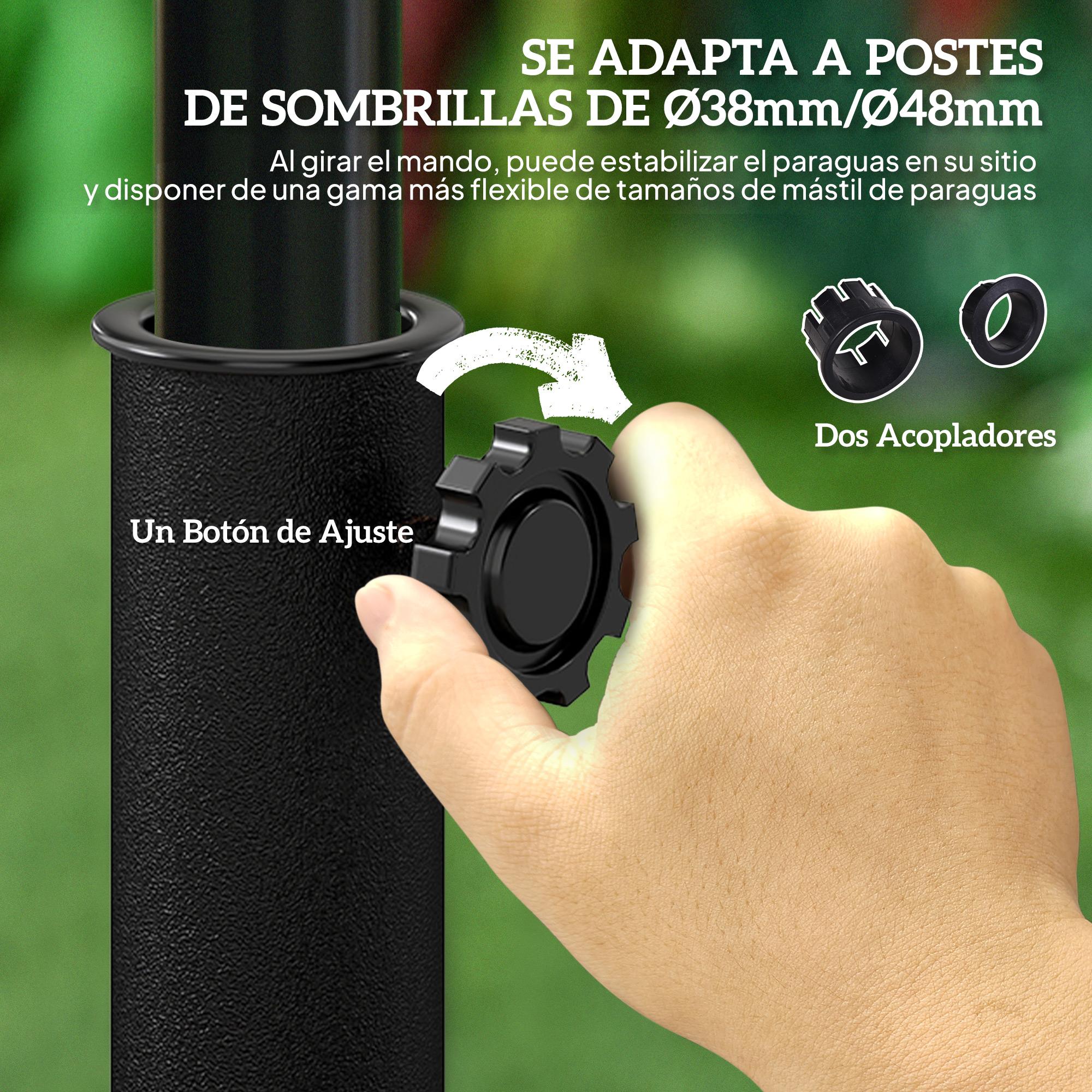 Una mano gira un pomo negro en un poste negro. Dos adaptadores negros están al lado.