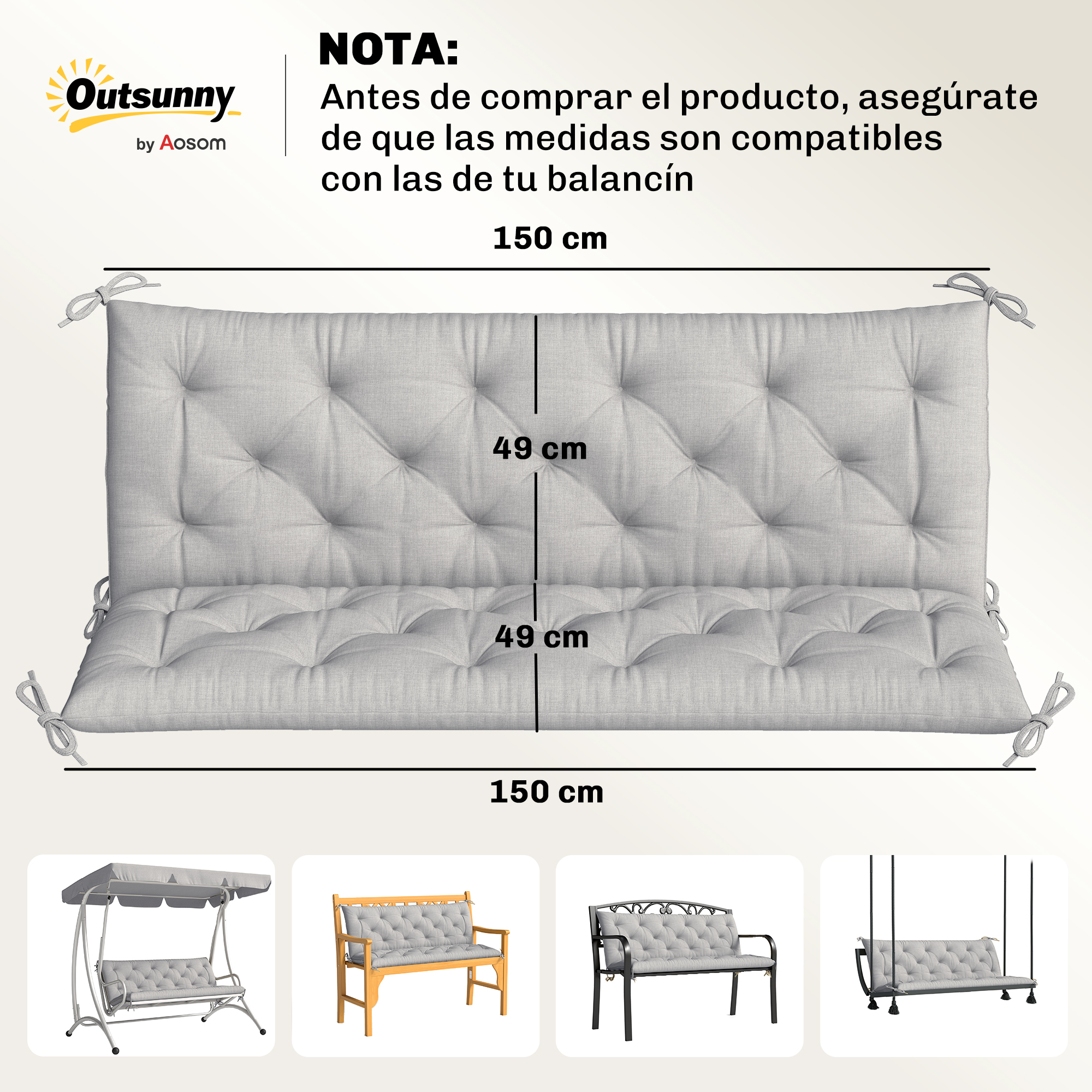 Un cojín gris claro acolchado, 150 cm de ancho, mostrado con medidas.