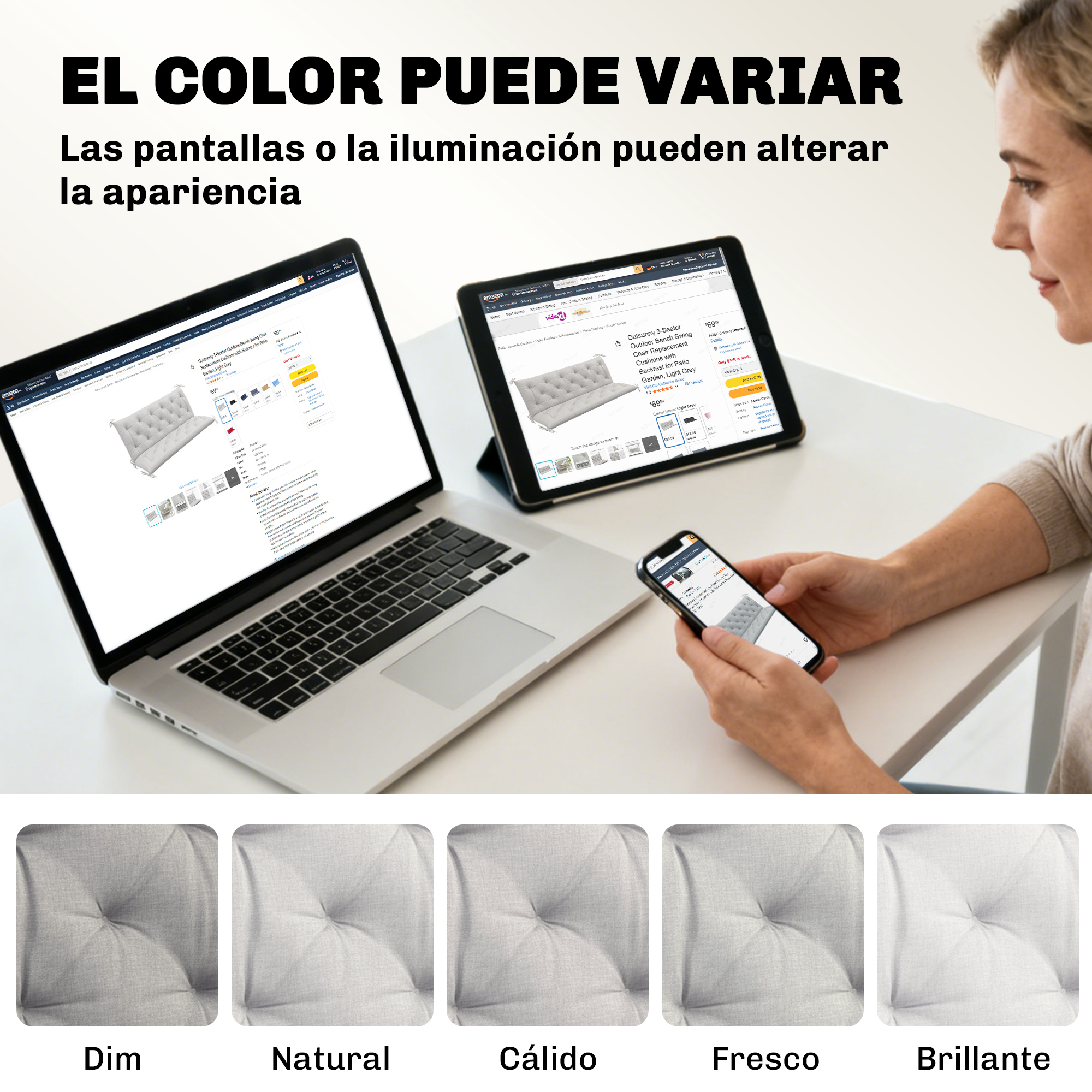 Persona viendo producto en laptop, tablet y teléfono. Se muestran cinco opciones grises.