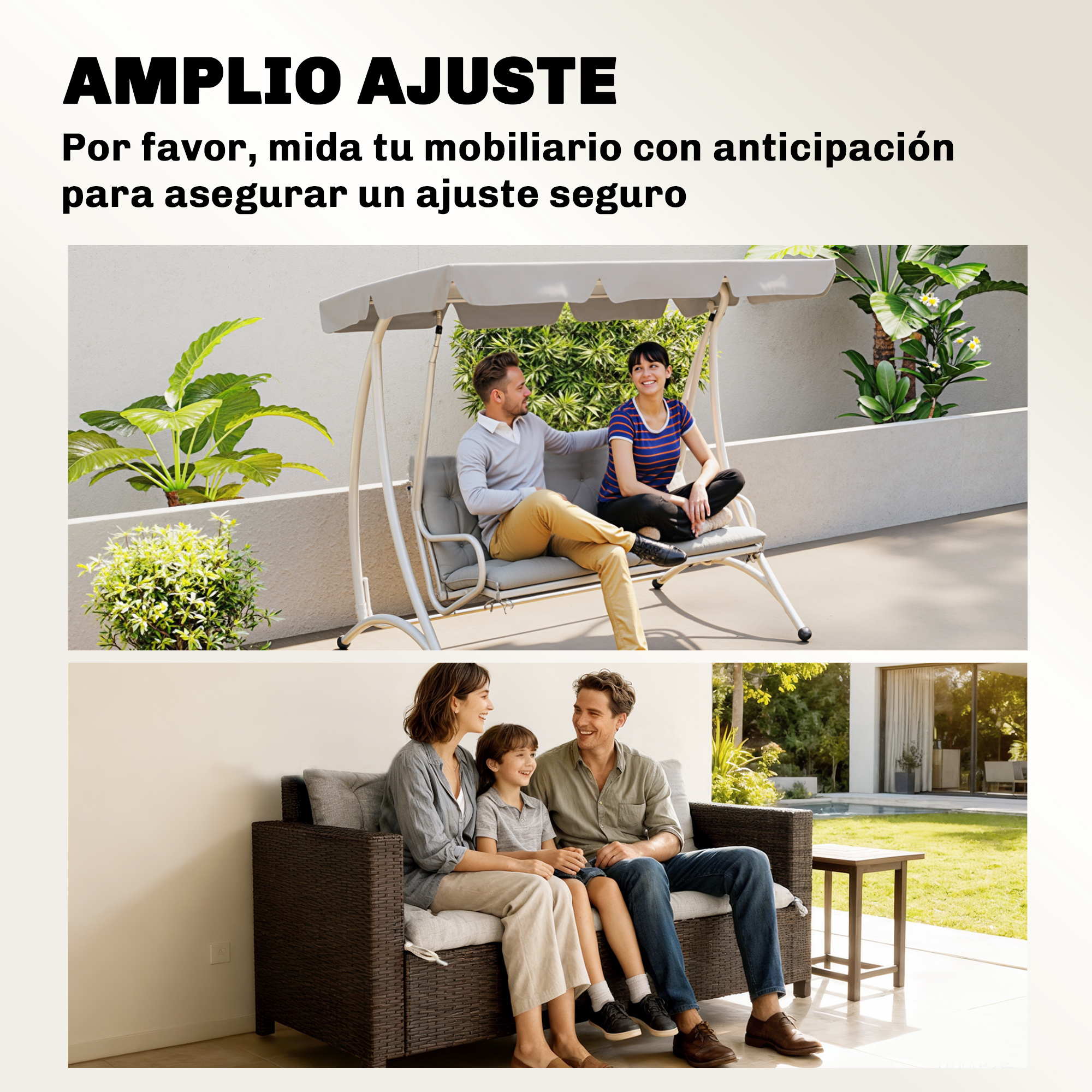 Una pareja en un columpio y una familia en un sofá al aire libre.