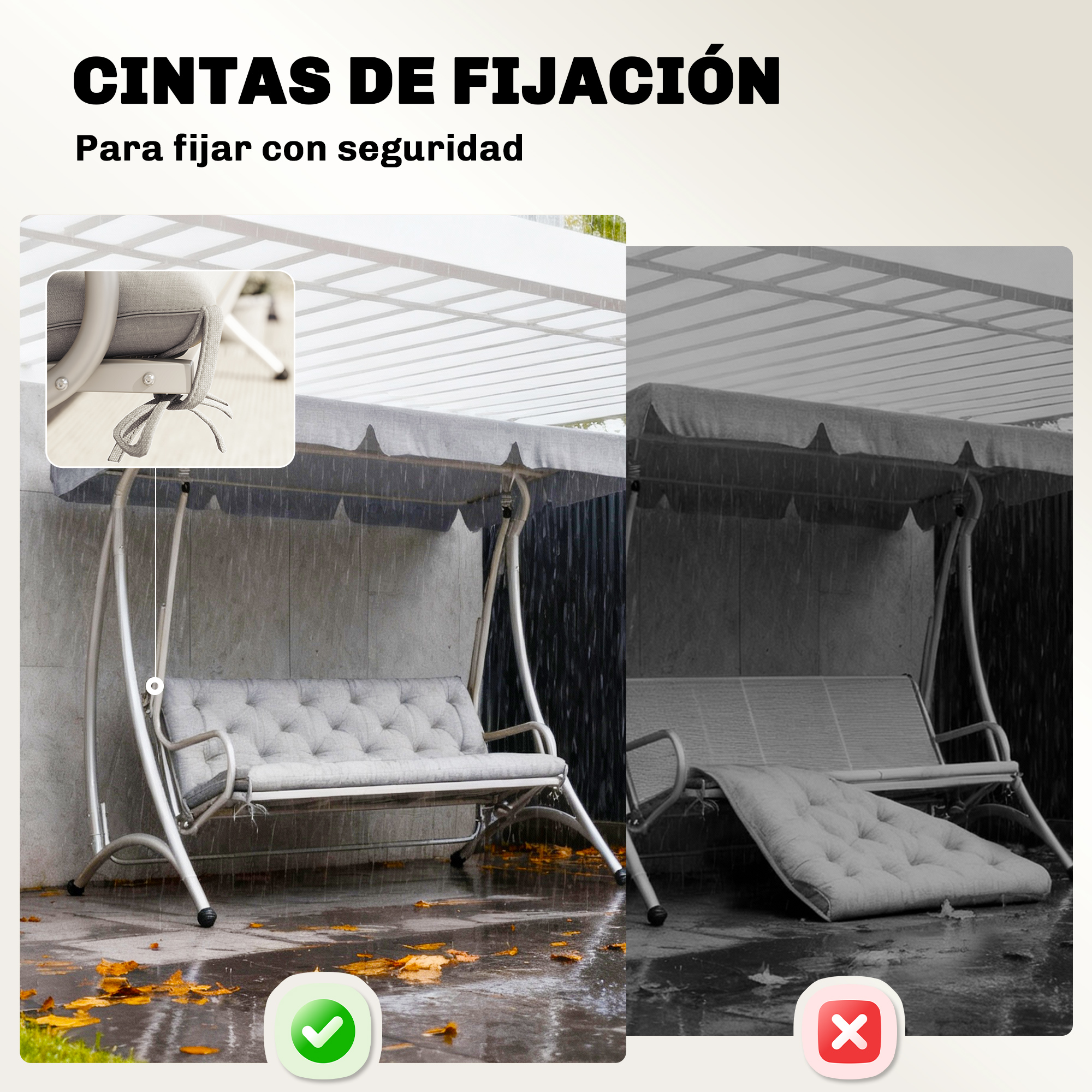 Columpio de jardín con toldo, mostrando método de sujeción y humedad.