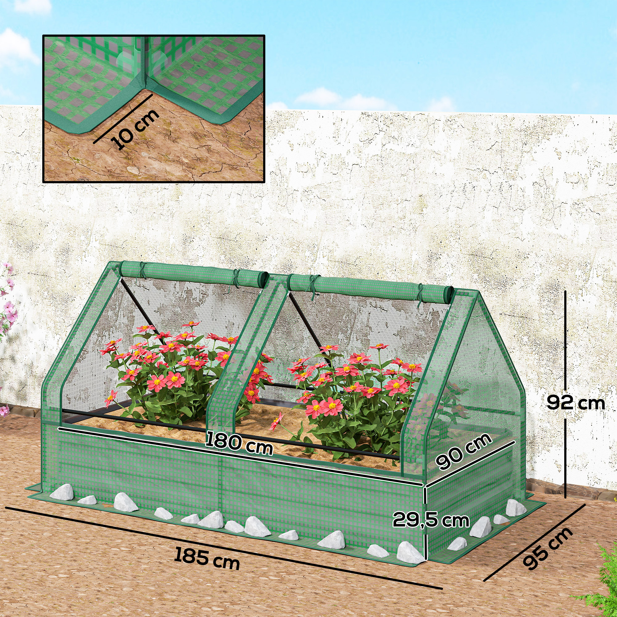 Un mini invernadero verde con flores y dimensiones.