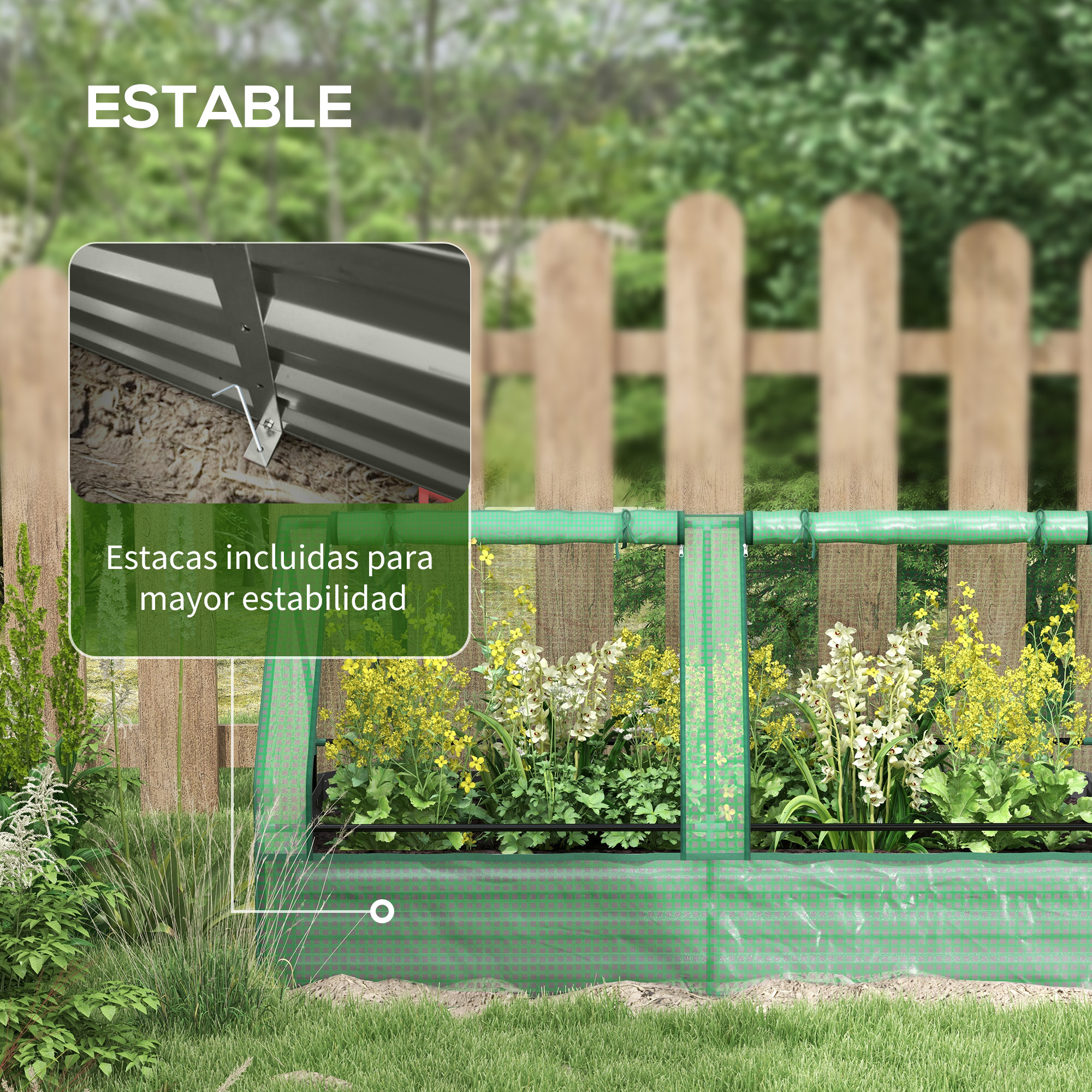 Cama de cultivo elevada estable con marco metálico y cubierta protectora verde.