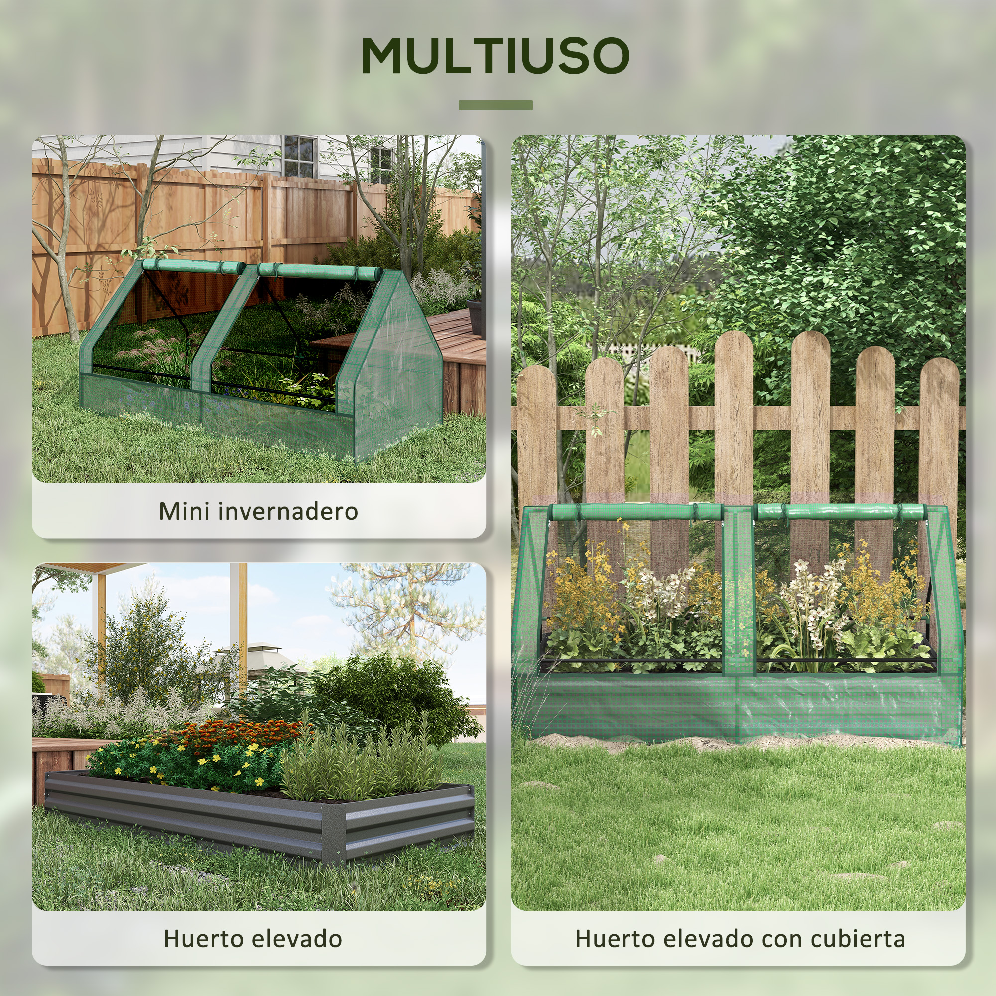 Varios montajes de jardinería: mininvernadero, bancal elevado, bancal elevado cubierto.