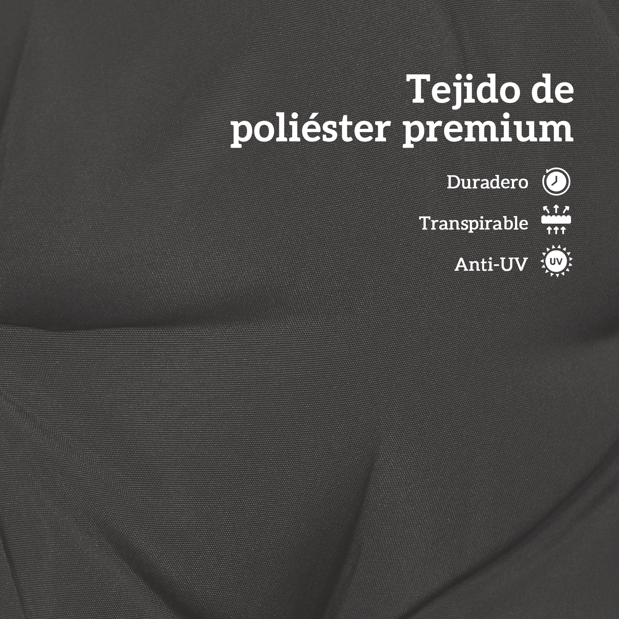 Tejido gris oscuro con texto: Tejido de poliéster premium, Duradero, Transpirable, Anti-UV.