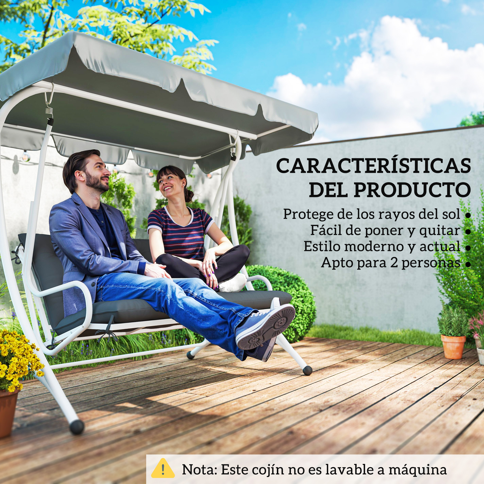 Una pareja relajándose en un columpio gris en un jardín sobre una terraza de madera.