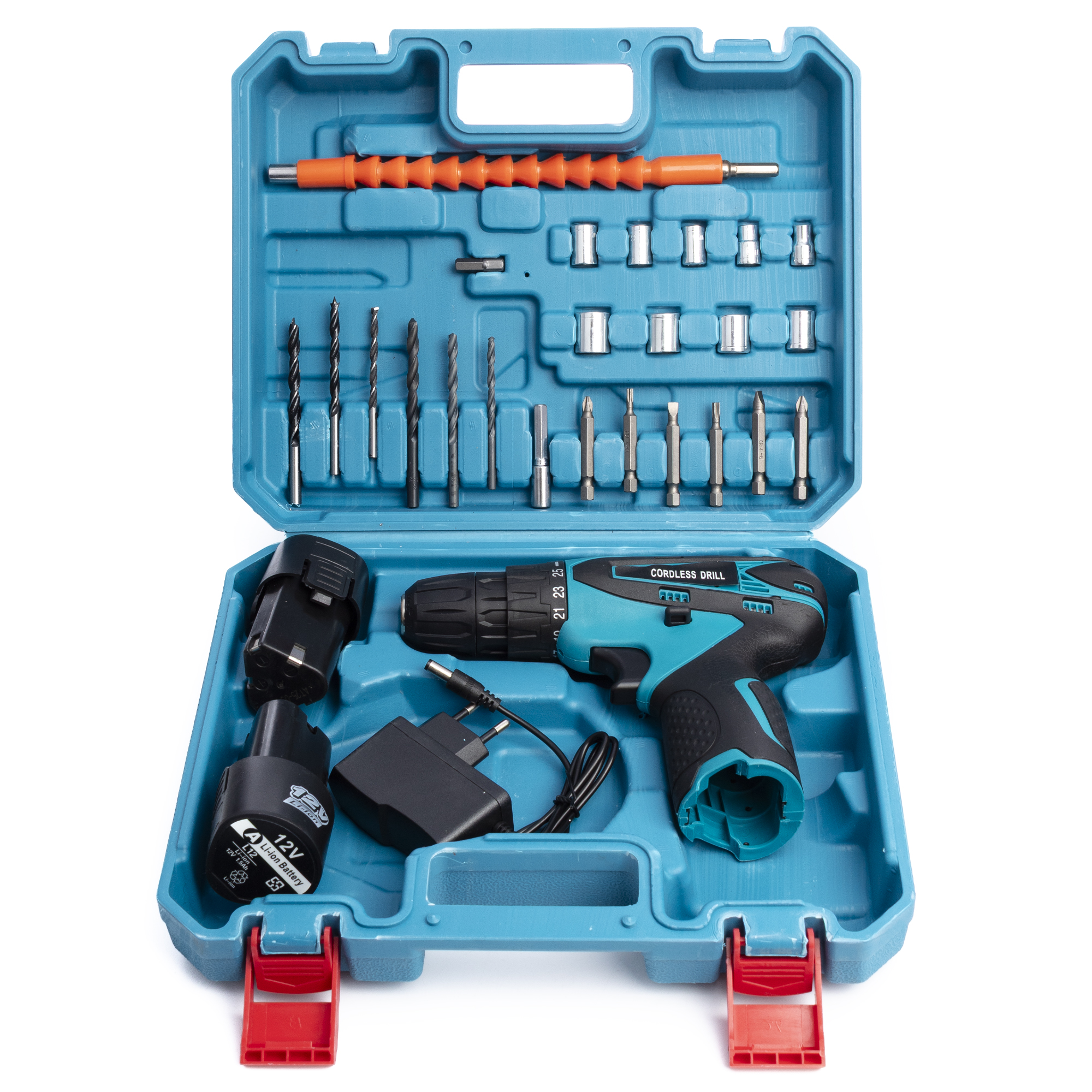 Una caja de herramientas azul con un taladro inalámbrico, dos baterías, cargador y accesorios.