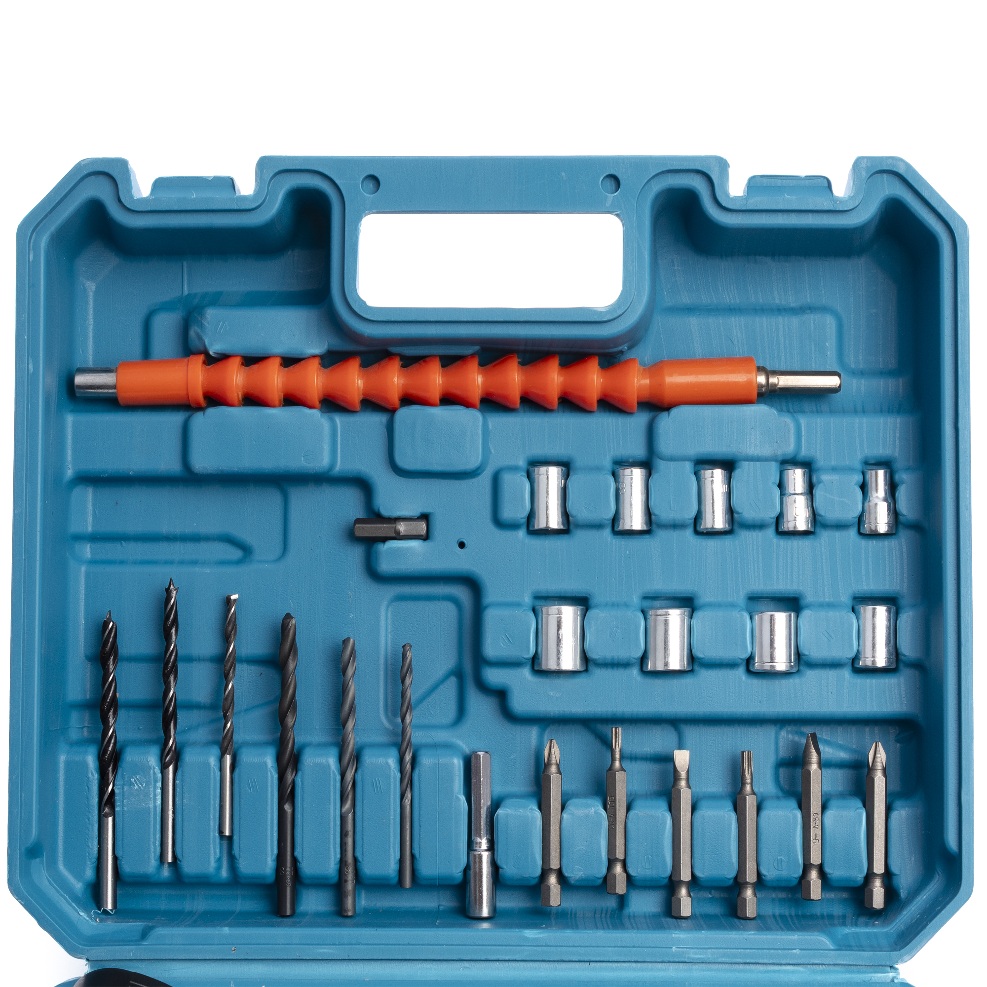 Una caja de herramientas azul con brocas y puntas de destornillador.