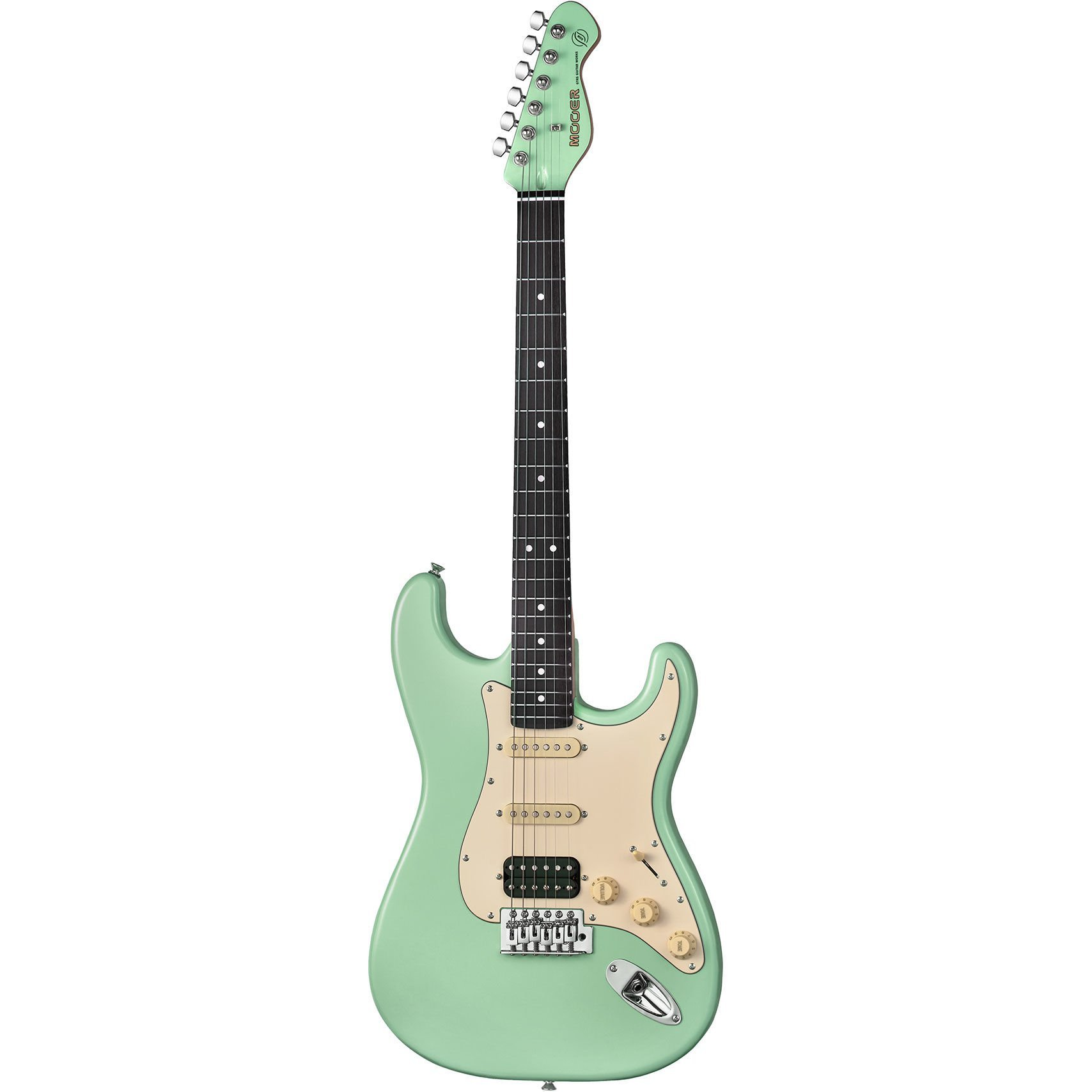 Krem pena korumalı ve krom donanımlı açık yeşil elektro gitar.