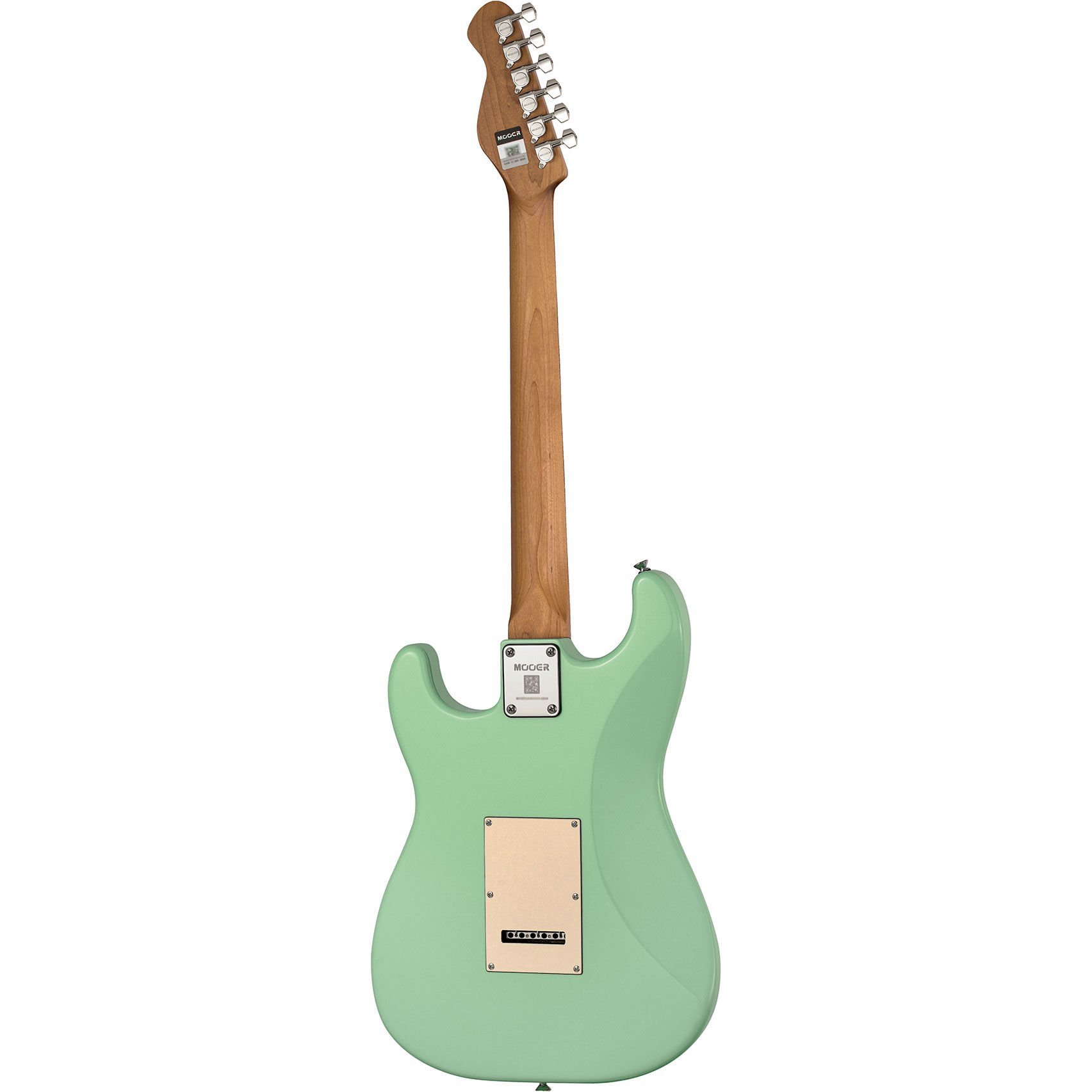 Açık yeşil elektro gitarın arkası, ahşap sap ve gümüş burgular.