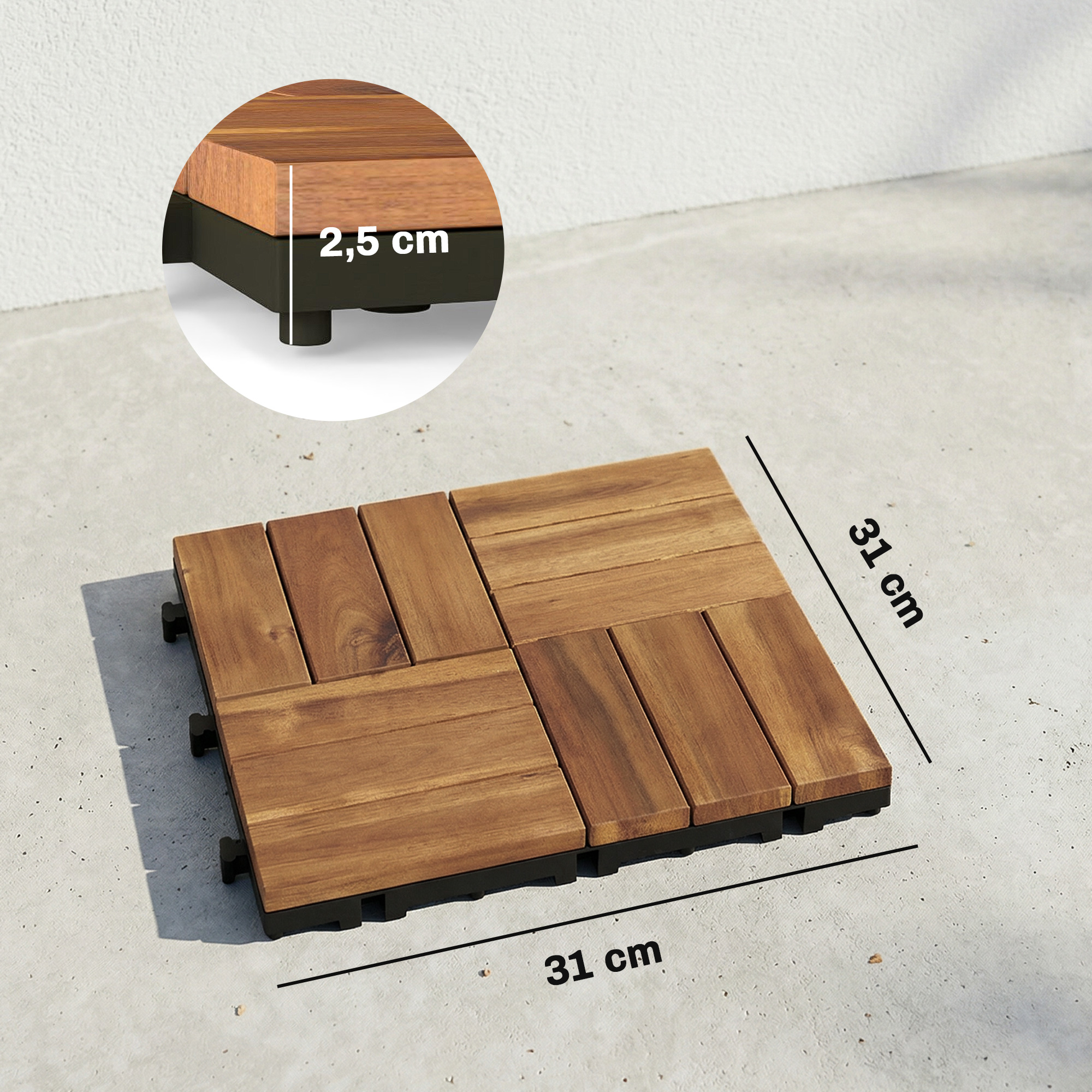 Baldosas de madera sobre hormigón, 31x31 cm, 2,5 cm de grosor.