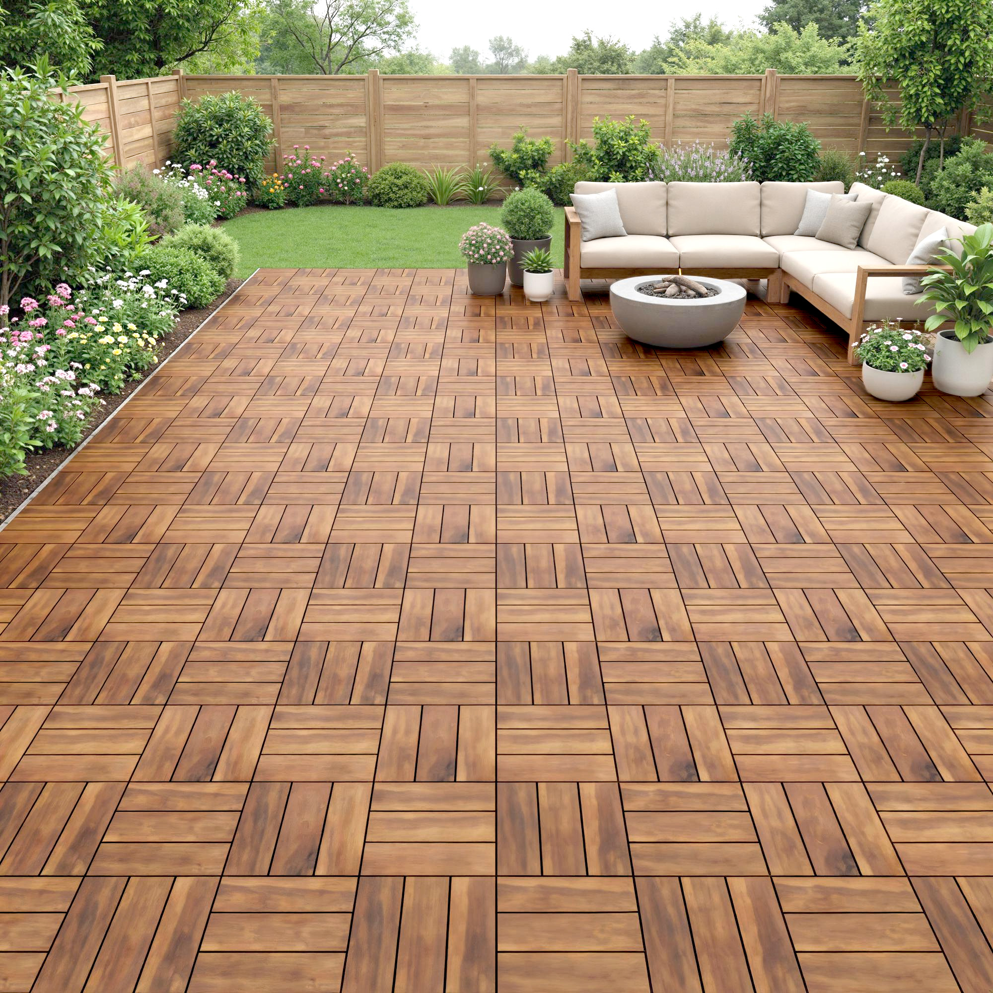 Terraza de madera con muebles de salón, hoguera y jardín al fondo.