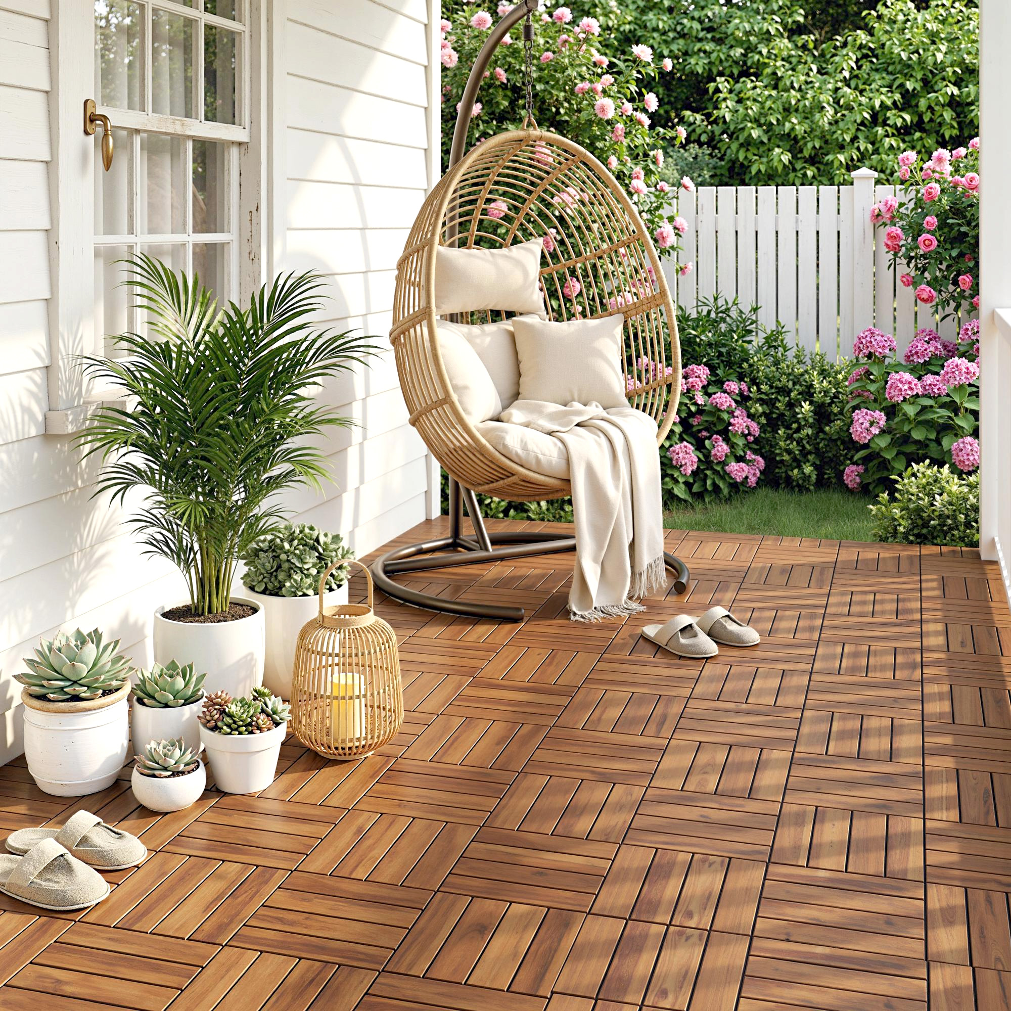Un sillón colgante de ratán con cojines y manta sobre cubierta de madera, con plantas y farolillo.