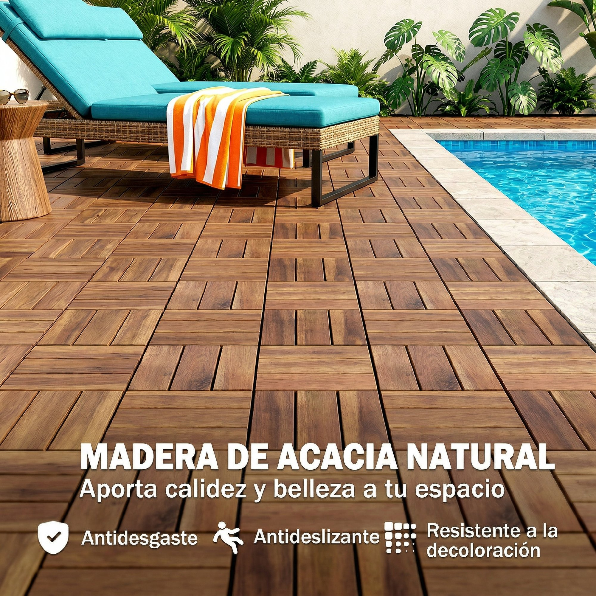 Terraza de madera junto a piscina con tumbona y toalla, rodeada de plantas.