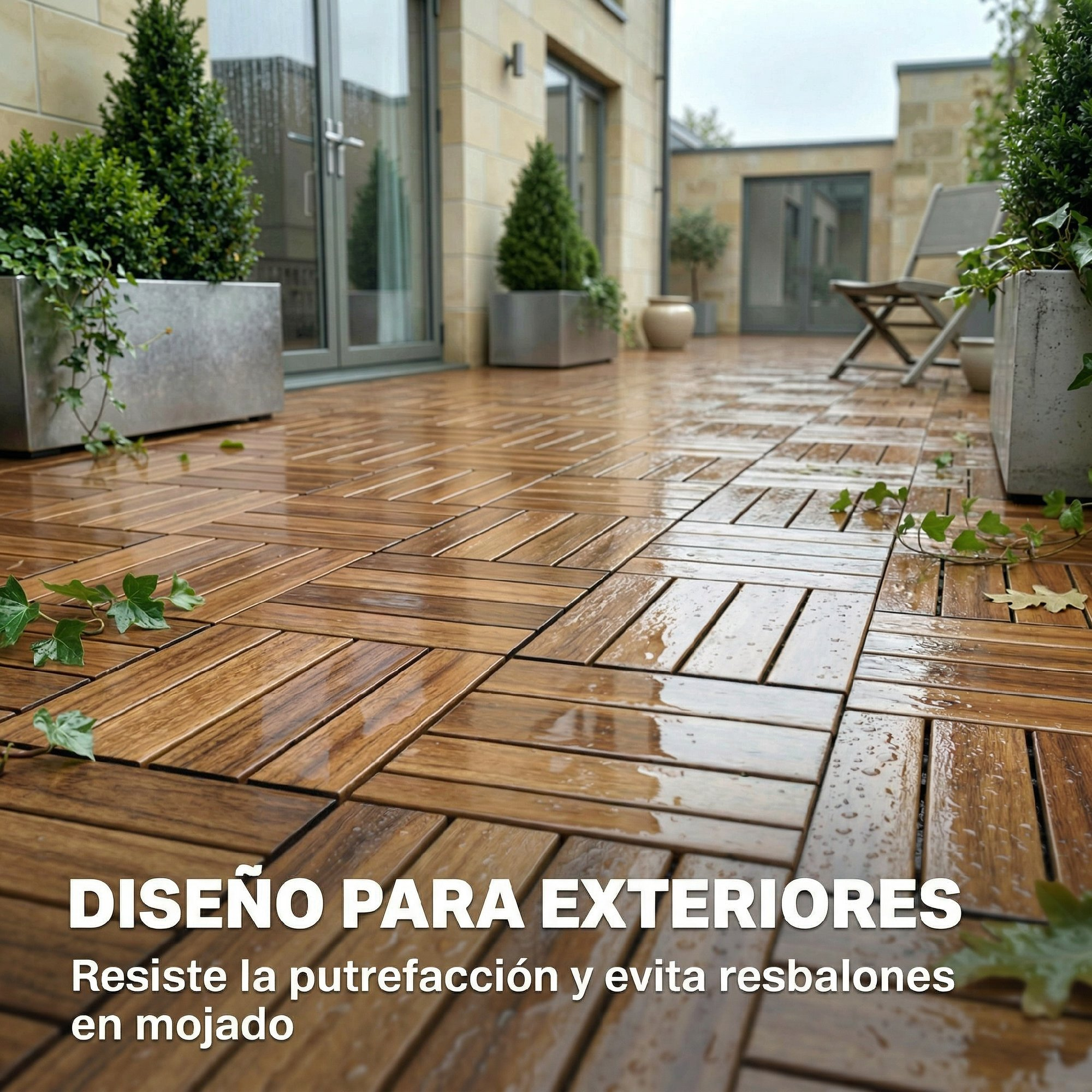 Baldosas de terraza de madera con plantas y una silla bajo la lluvia.