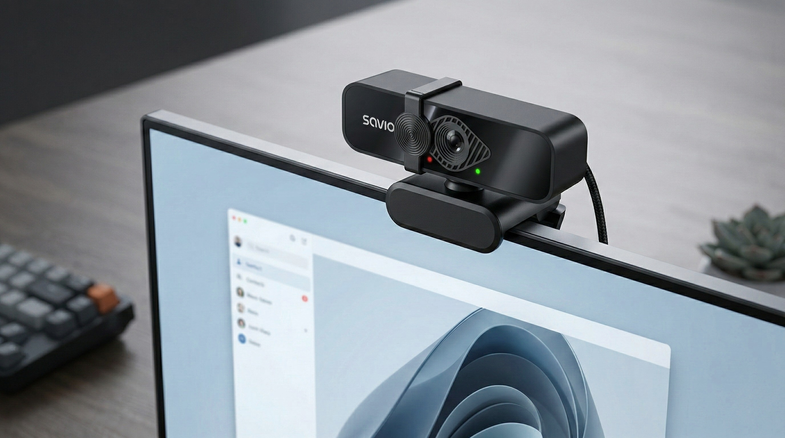 Czarna kamera internetowa Savio jest przypięta do monitora komputerowego. Po lewej widać klawiaturę.
