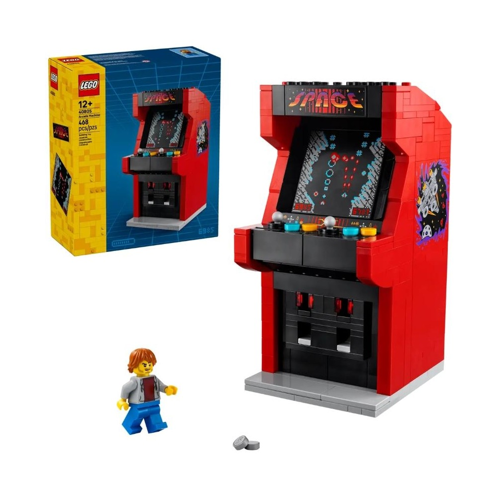 Yanında bir minifigür karakteri olan kırmızı bir Lego atari makinesi.