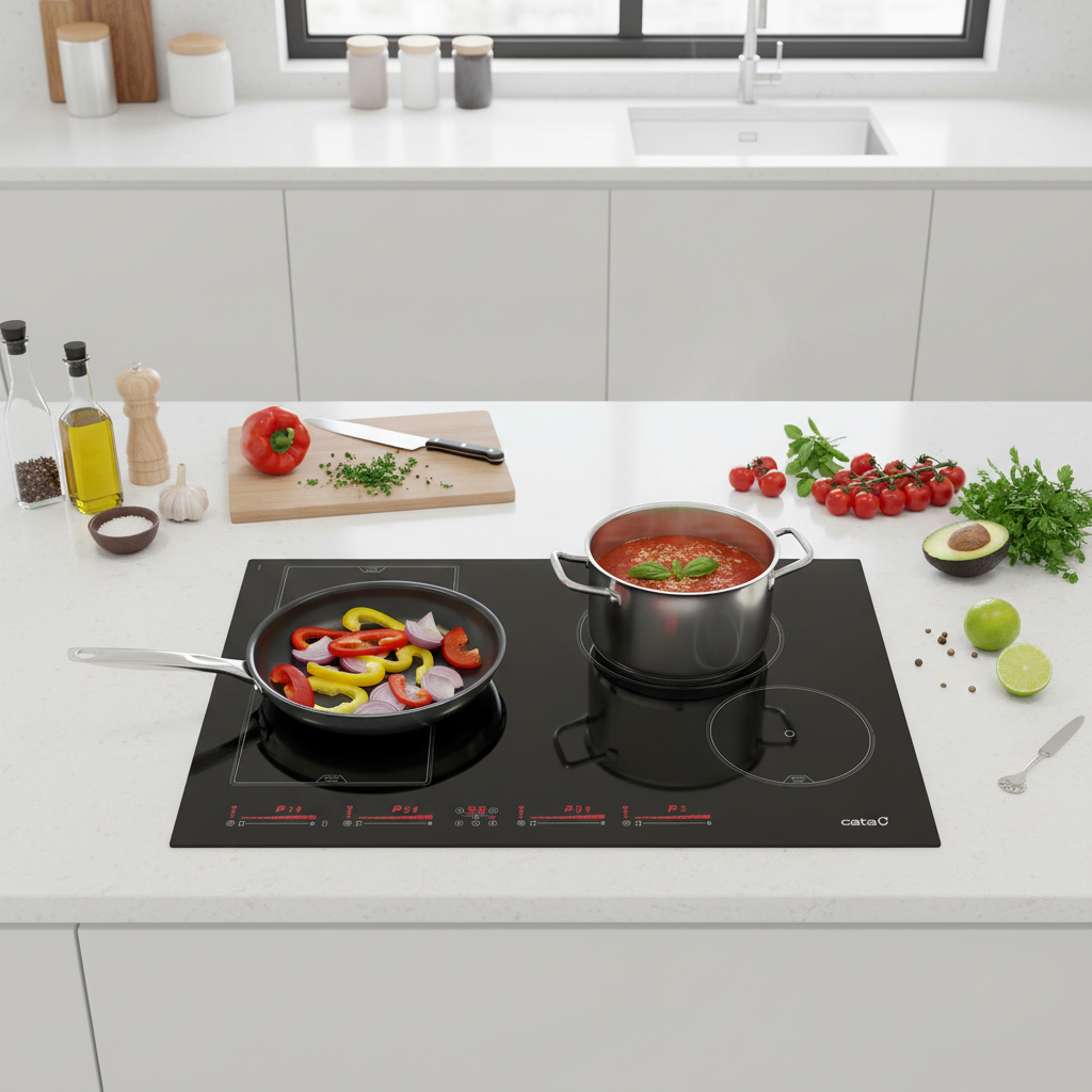 Una vitrocerámica moderna con una olla y sartén con verduras, e ingredientes cerca.