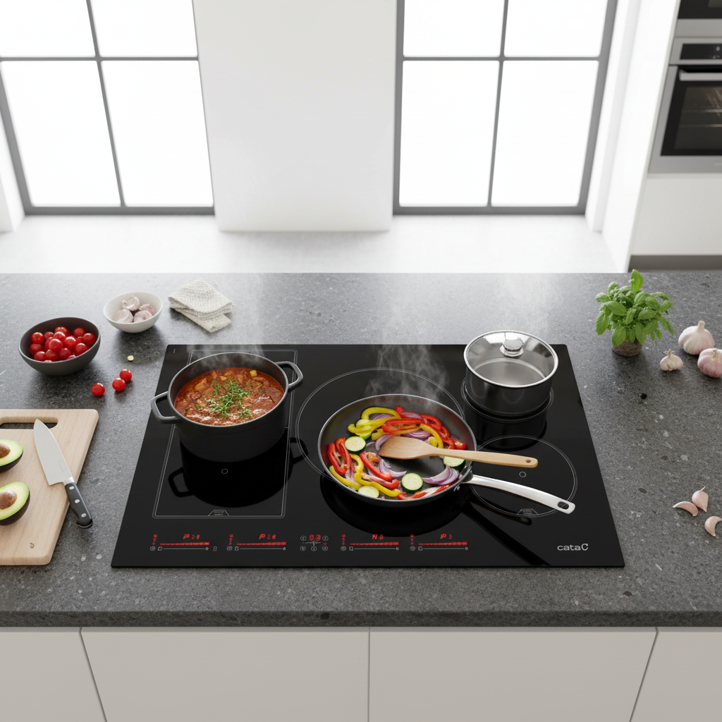 Una placa de cocina con una olla de estofado y una sartén con pimientos y cebollas cocinándose.