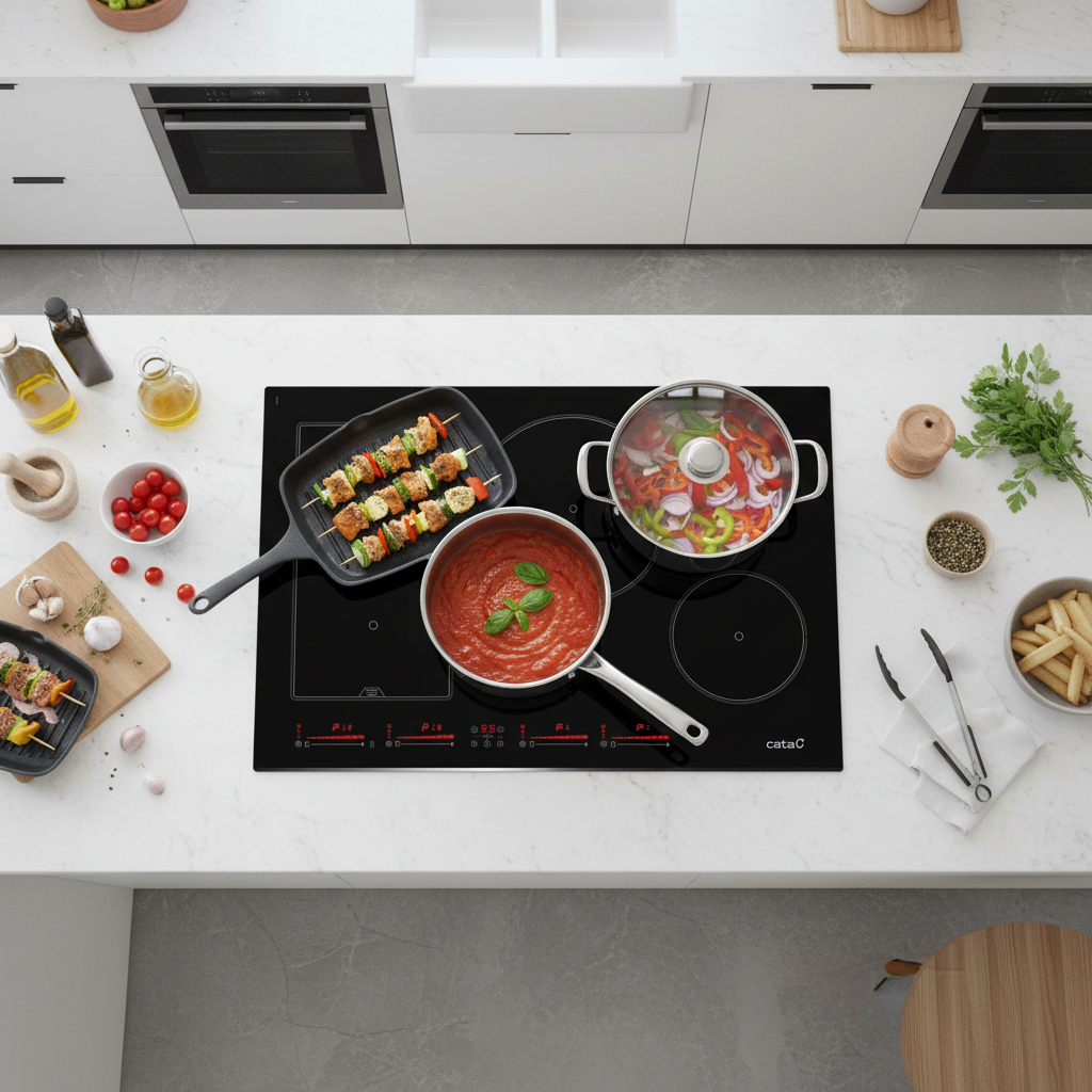Una estufa de cocina moderna con ollas, brochetas, salsa y papas fritas.