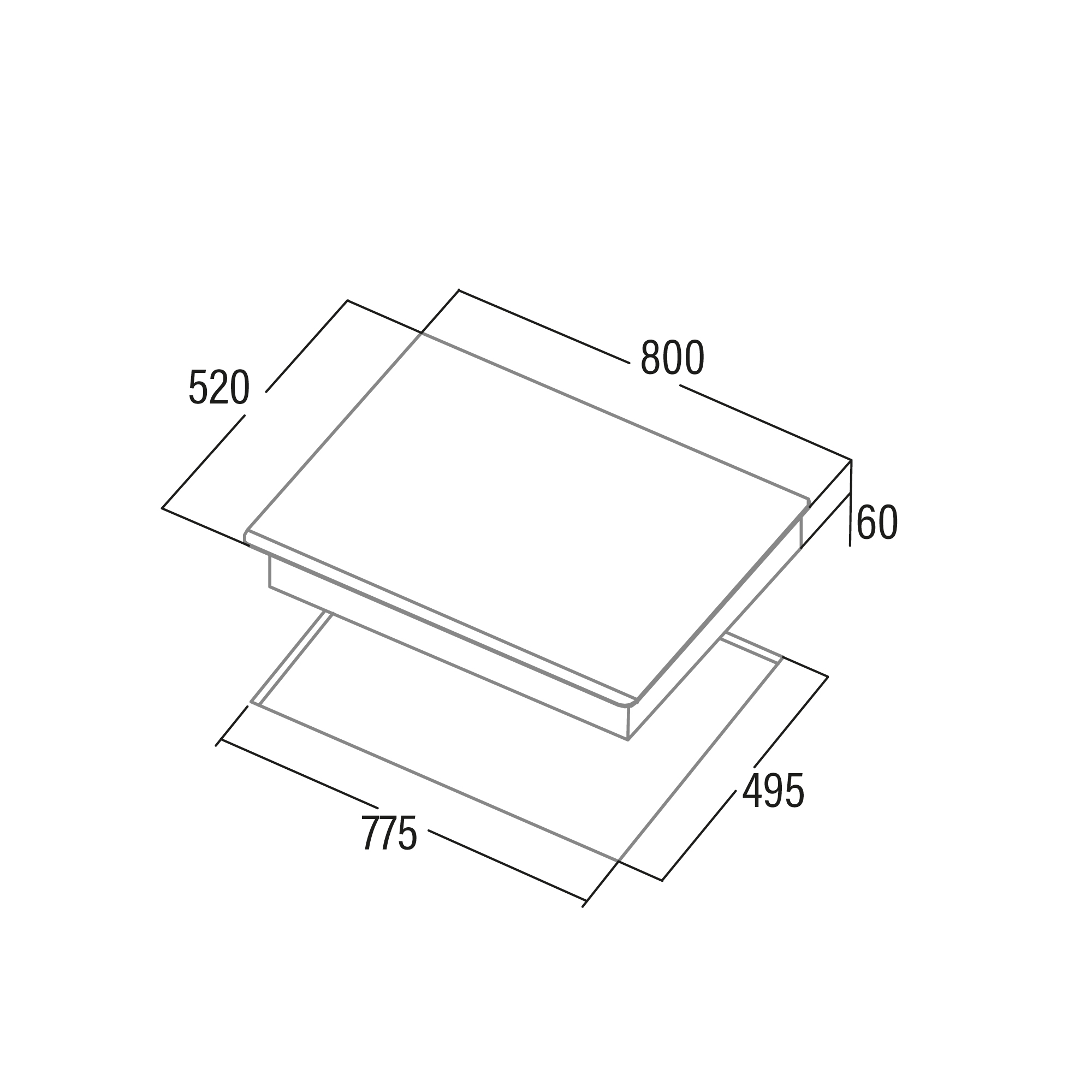 Dibujo técnico de una placa de cocina con dimensiones de 800x520mm y 775x495mm, altura 60mm.