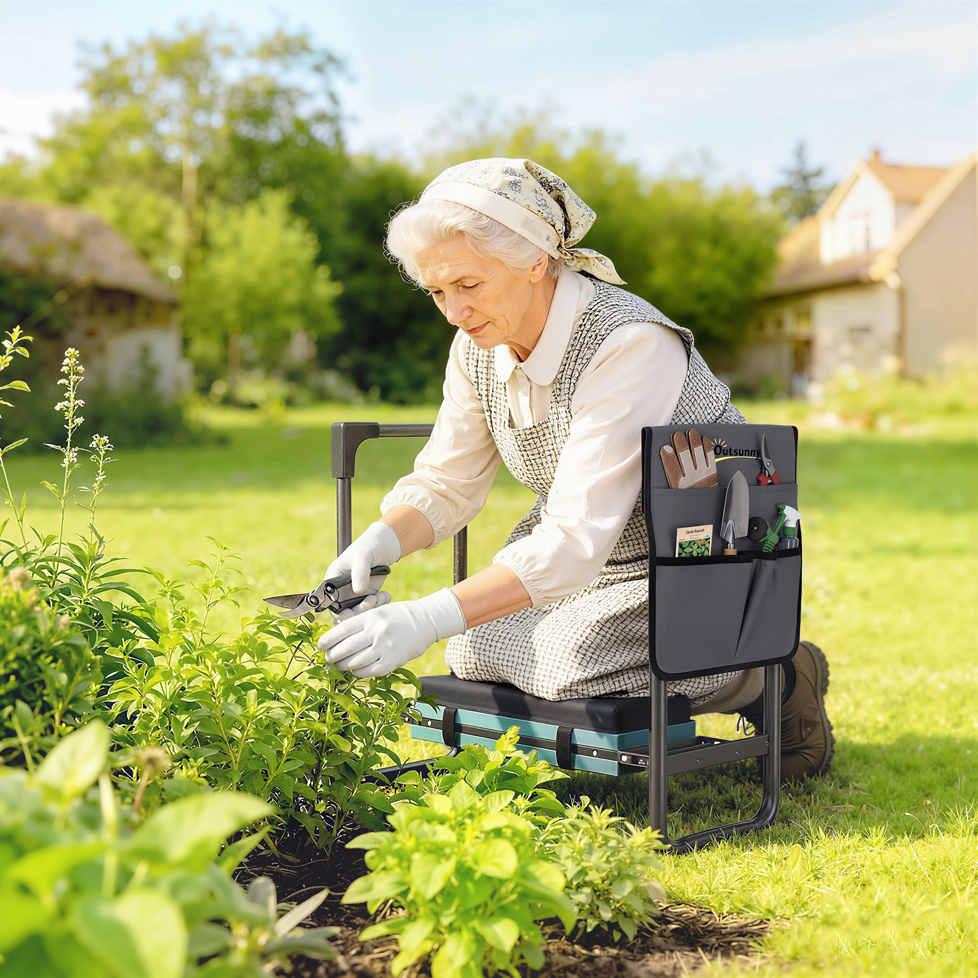 Una anciana con delantal y guantes recorta plantas arrodillada en un asiento de jardín.